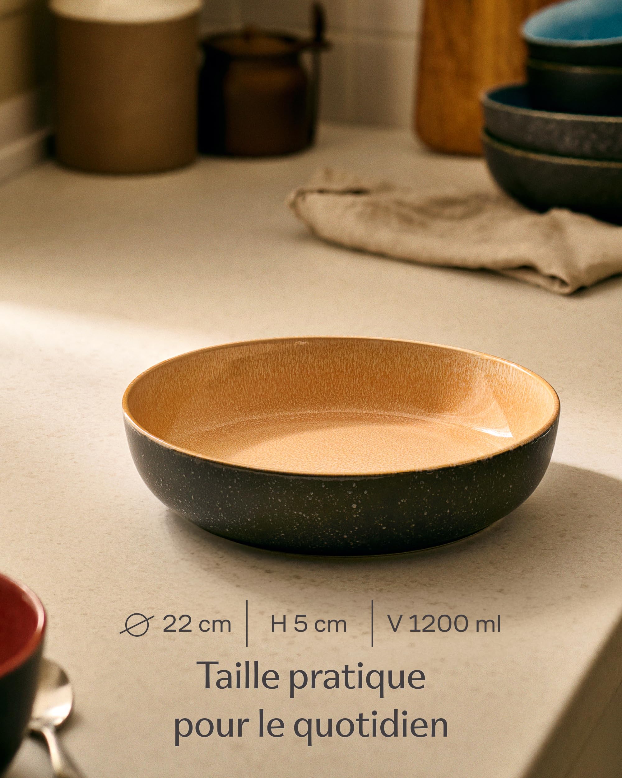 Cosumy Set de 4 Assiettes à Pâtes en Grès Ø22 cm – Vaisselle Artisanale avec Glaçure Réactive – Jeu de Couleurs Vibrantes, Compatible Micro-ondes & Lave-vaisselle – Set de 4 Pièces pour Pâtes