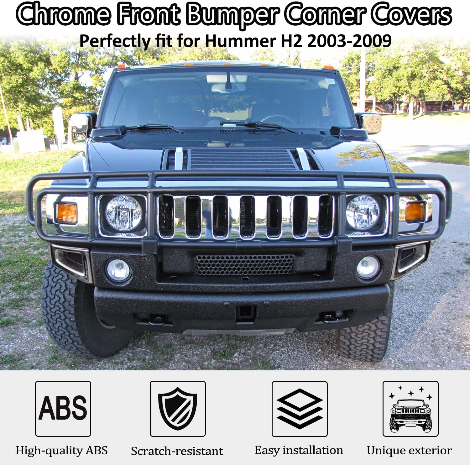 Front Bumper End Corner Bezels Covers Trim Molding Chrome Exterior Accessories Compatible with Hummer H2 2003-2009 SUV SUT (Pair)