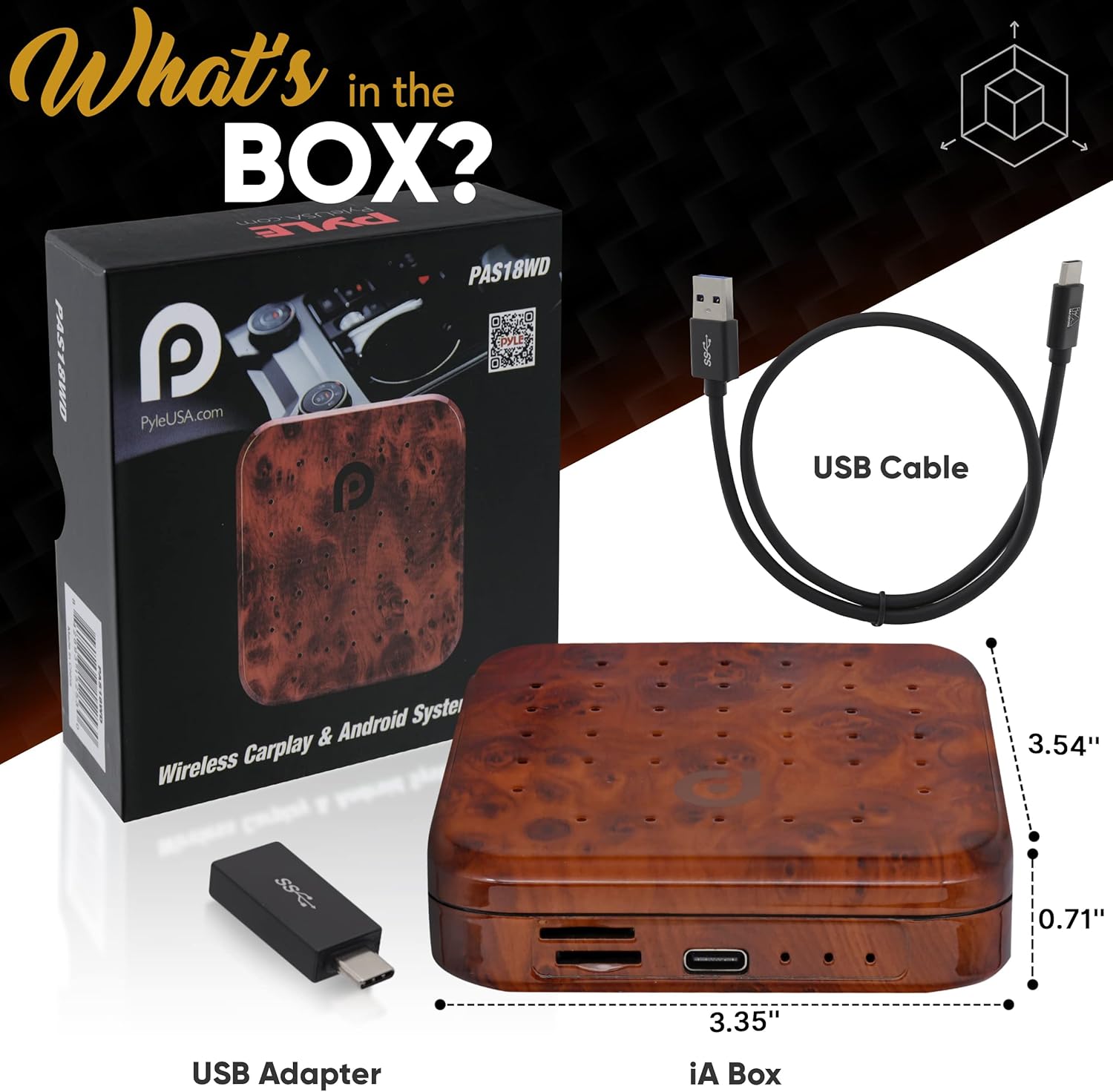 Contents of Pyle Wireless CarPlay & Android Auto Box packaging