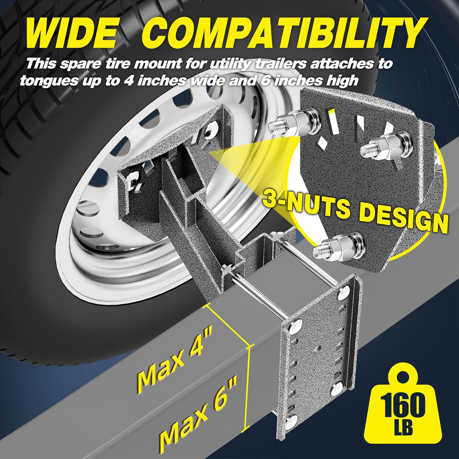 Trailer Spare Tire Mount, Spare Tire Carrier for Utility Trailer, Trailer Accessories Spare Tire Holder Fits 4 Lug X 4.0-4.25-4.5", 5 Lug X 4.5-4.75-5.0", 6 Lug X 4.5-5.32-5.5" Diameter Hole Patte
