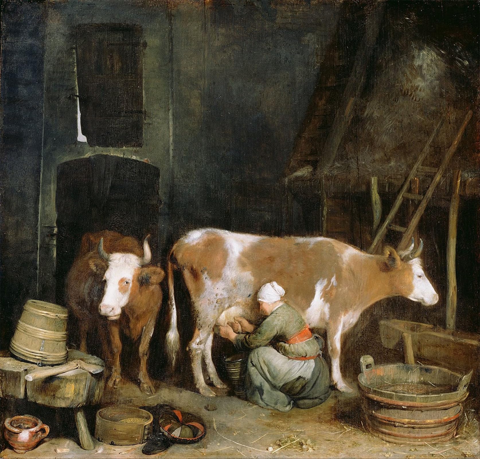 ARTXLXXBN Famous Painting Canvas Artwork Graffiti Print a Maid Milking a Animal in a Barn by Gerard Ter Borch Portrait Canvas Image for Home Decor 60x90cm