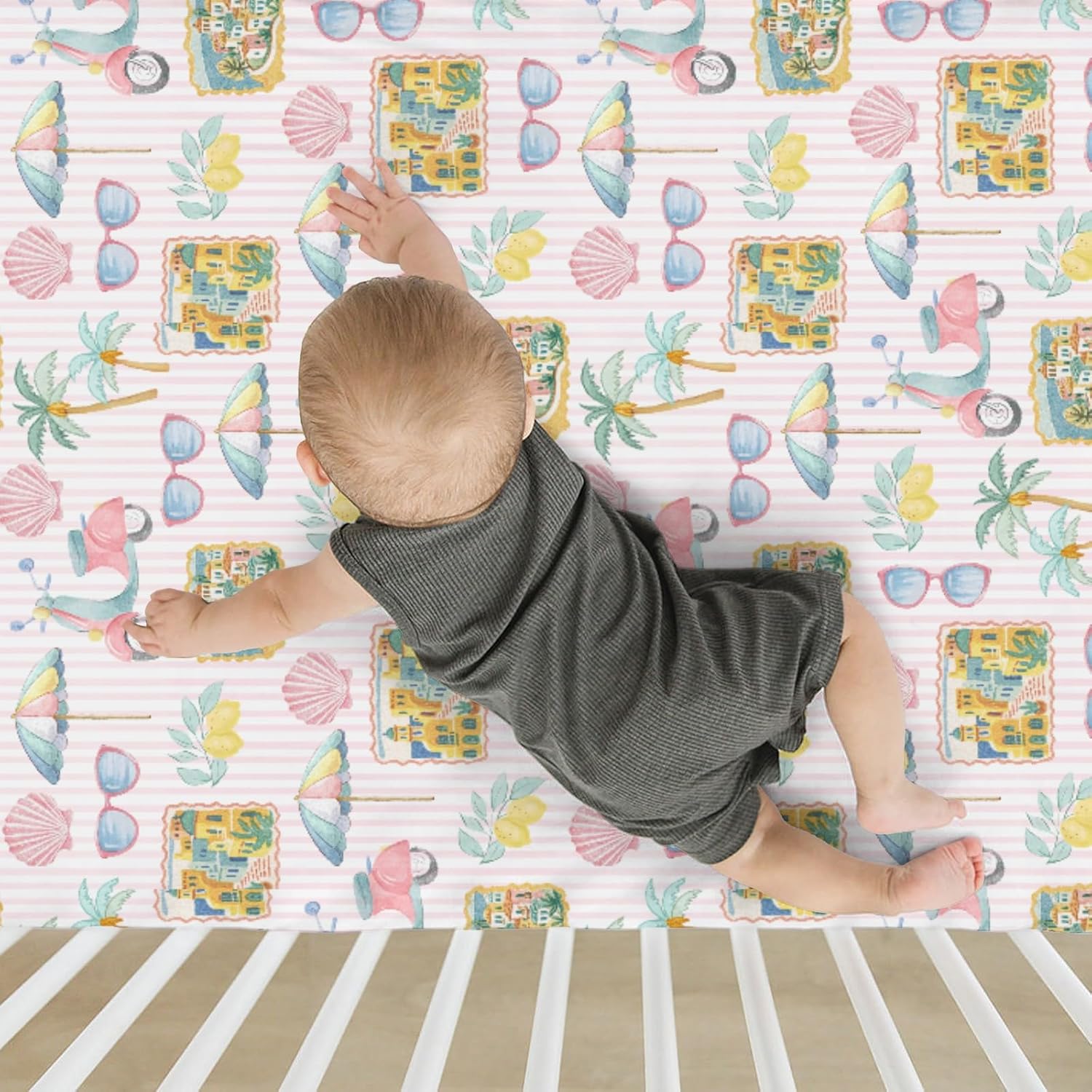 Pastel Summer Beach Baby Crib Sheets for Boy Girl 52"x28" Lemon Palm Tree Seaside Village Stripes Soft Snug Fitted Crib Mattress Cover Vibrant Coastal Baby Sheet for Crib & Toddler Bed Mattress