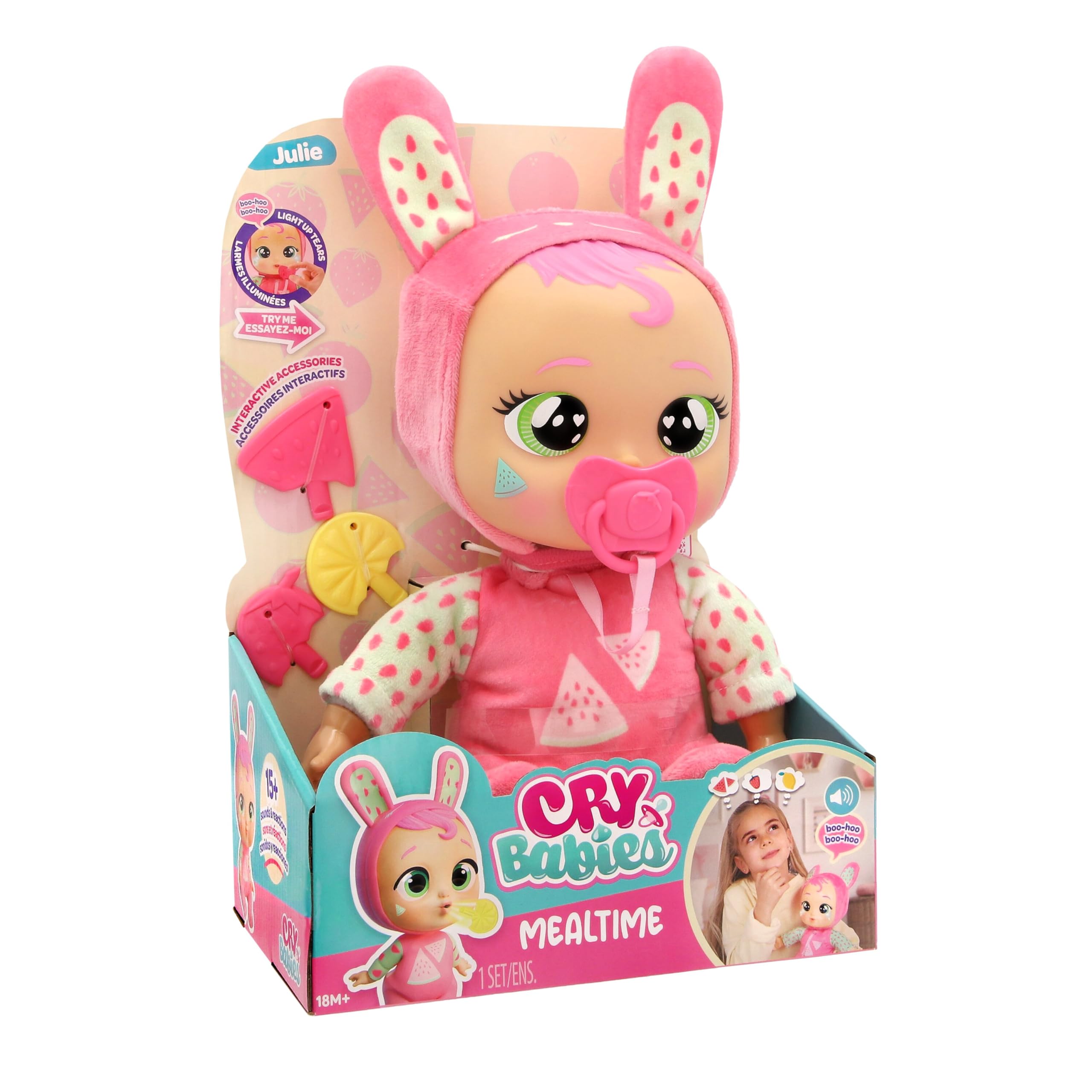 Cry Babies Mealtime Julie Interactive Newborn Doll With Light Up Tears Baby Sounds And Feeding Accessories Toy For Kids Age 3 Years and Up