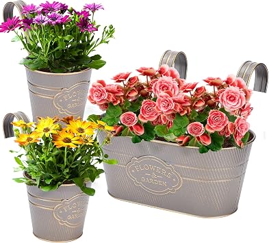 PerGar 3 Pack Metal Railing Planter Box Outdoor, 10.6" Hanging Flower Pots with Detachable Hooks & Drainage Holes, Rail Planter Boxes for Balcony Deck Porch Fence Garden Home Decoration, Grey