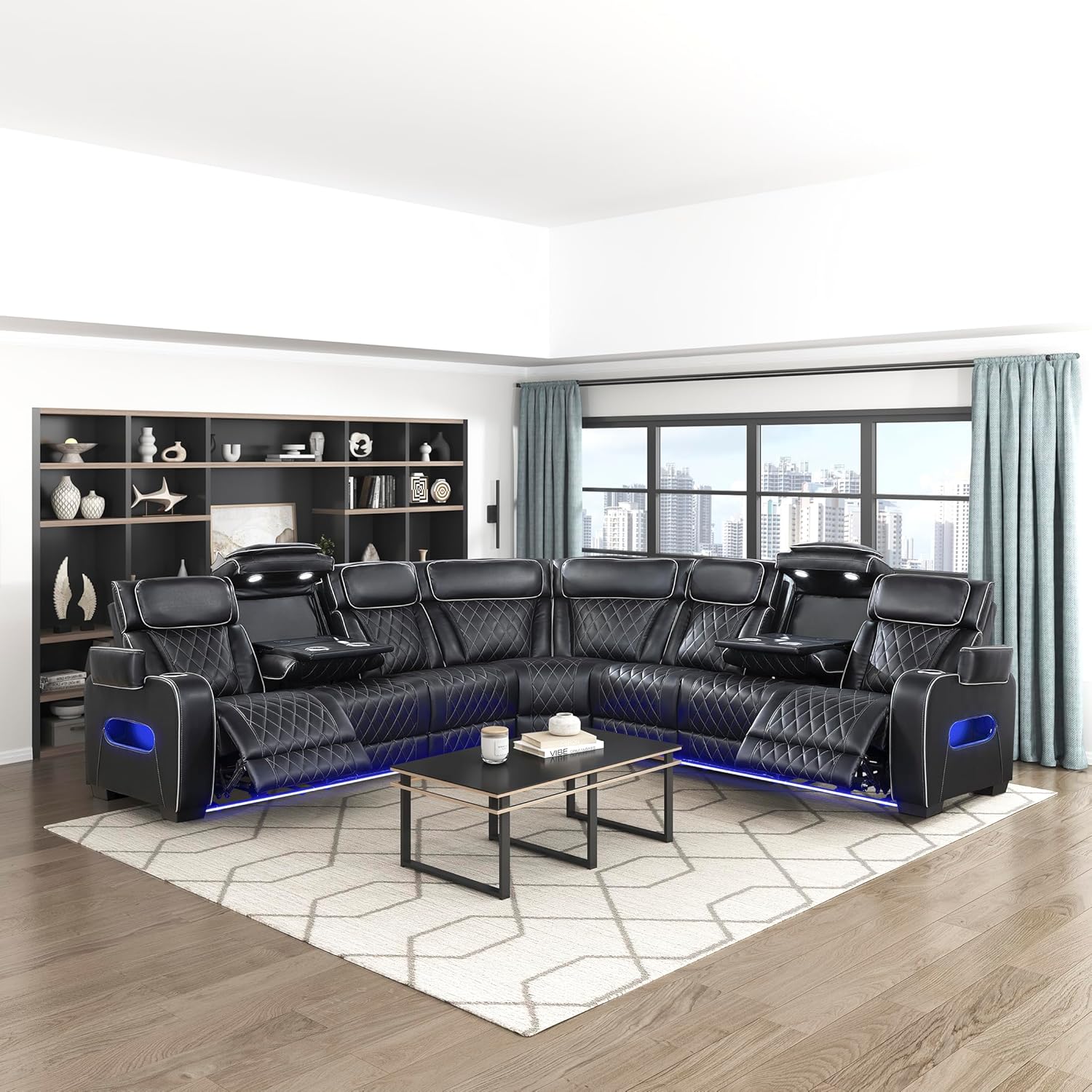 Lexicon 128" Power Reclining Sectional Sofa, Wall Hugger, 2 Recliner Seats, 2 Storage Arms, Drop-Down Cup Holders, Power Headrests, Wireless Charger, Charging Ports, LED Lighting, Faux Leather Black