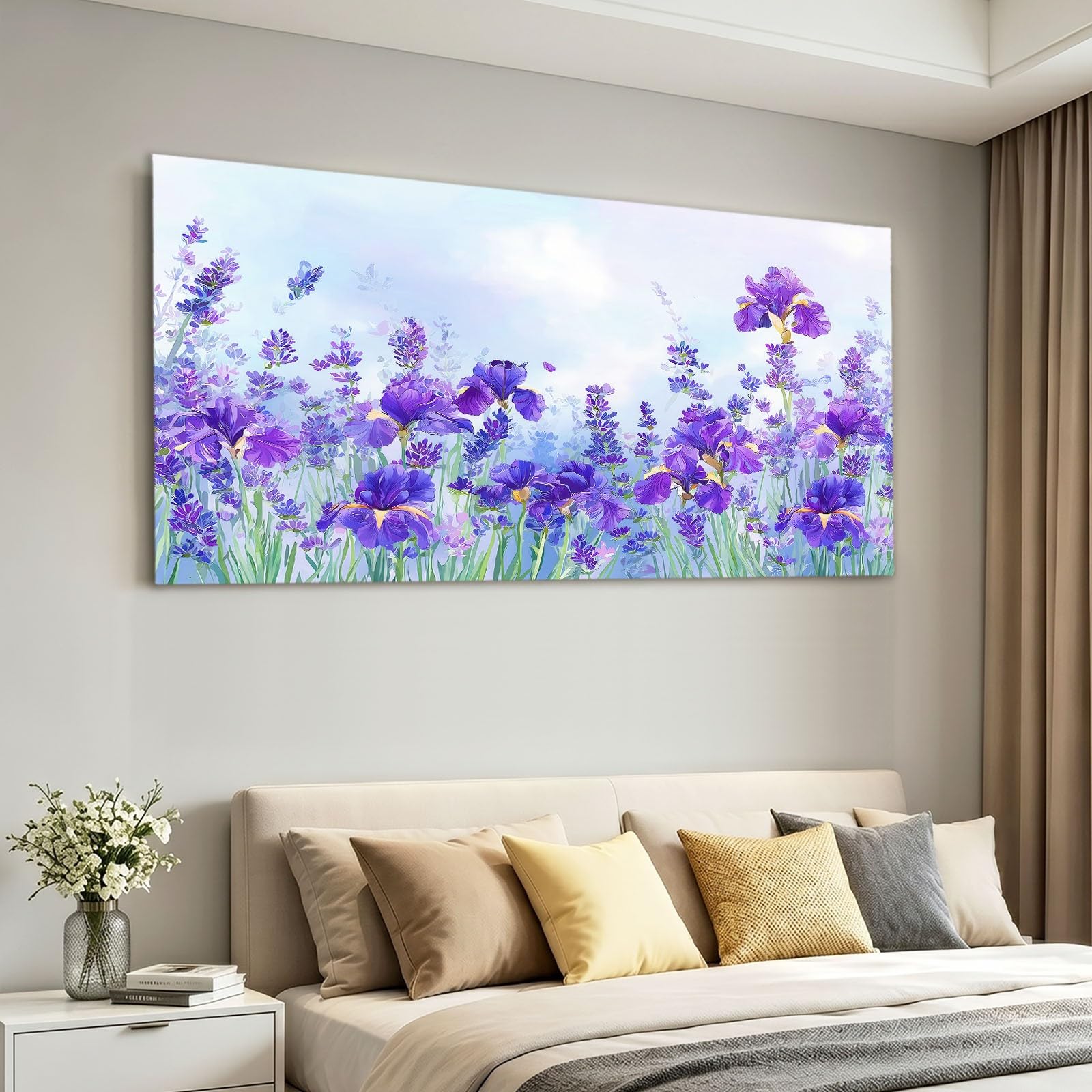 Genérico Impresión sobre lienzo, estilo campestre para decoración de pared, pintura, 120 x 60 cm, azul, floral, lavanda planta, carteles artísticos, para salón, dormitorio, cocina, oficina,