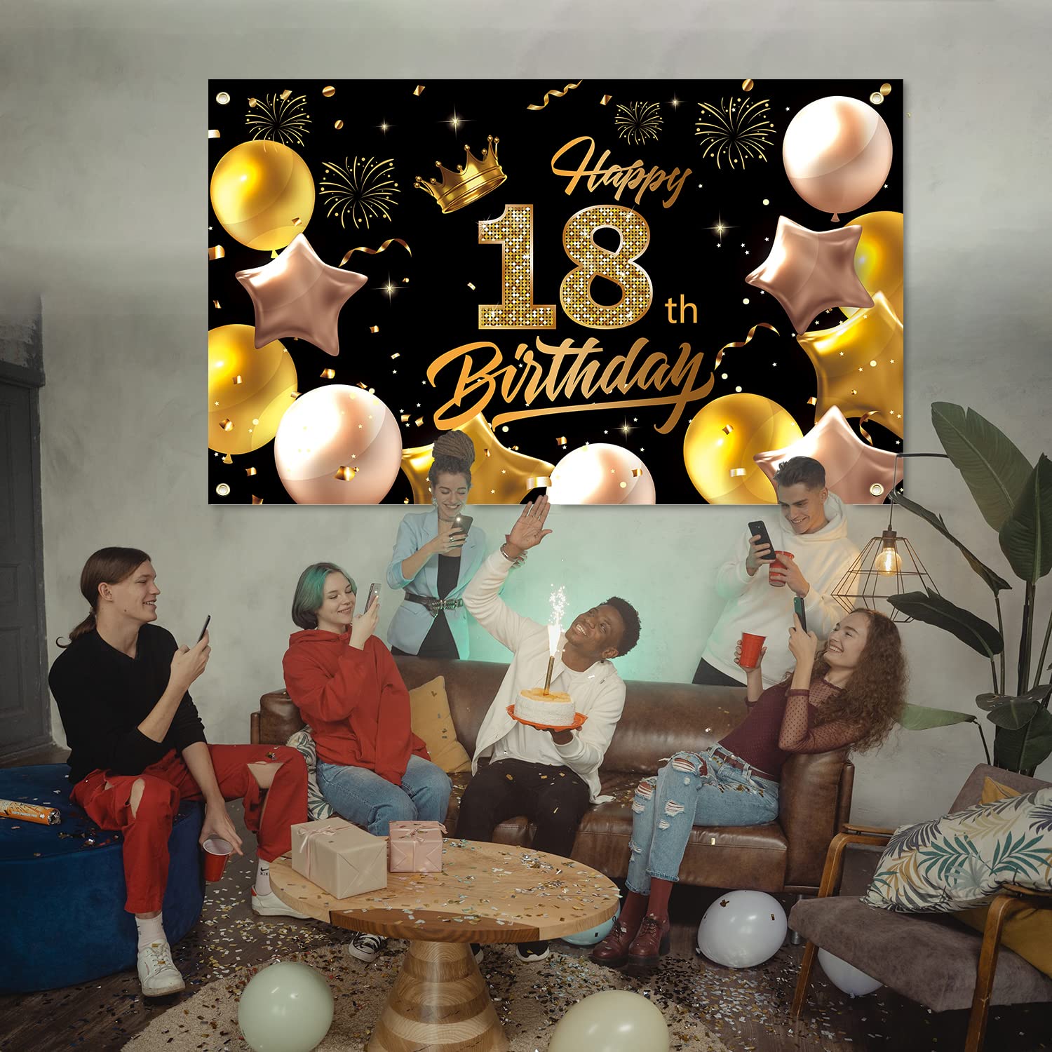 Déco Anniversaire 18 Ans Toile Fond Noir Et Or - 180x110cm, Bannière Photo