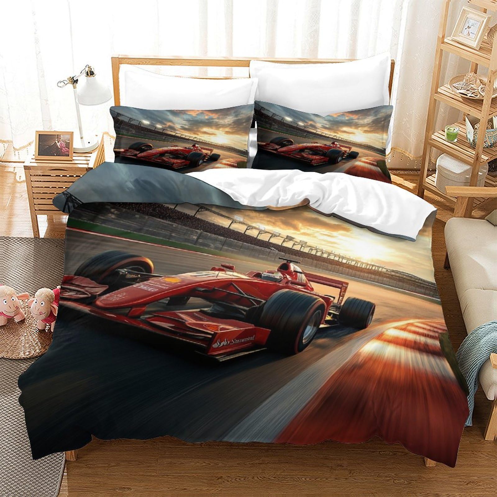XiaopangXY Luxe Ferrariii Duvet Cover Washable Bedding Set, 3D Printed 3Pcs Formula racing Pattern Quilt Cover Set for Home Textiles Decor Double（200x200cm）
