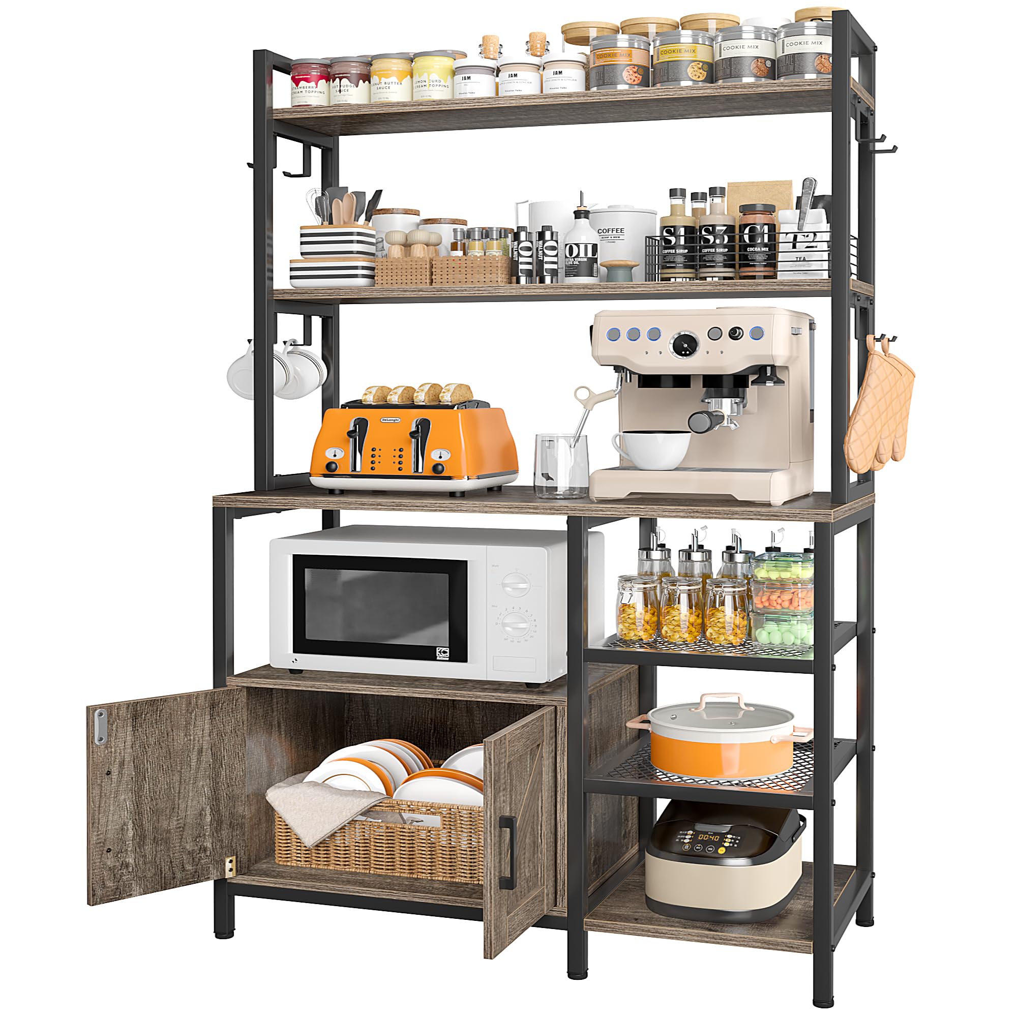EnHomee Bakers Rack with Storage Cabinet Coffee Bar Cabinet Microwave Stand with Storage for Kitchen 6 Tier Kitchen Rack, Space Saving, Easy Assembly