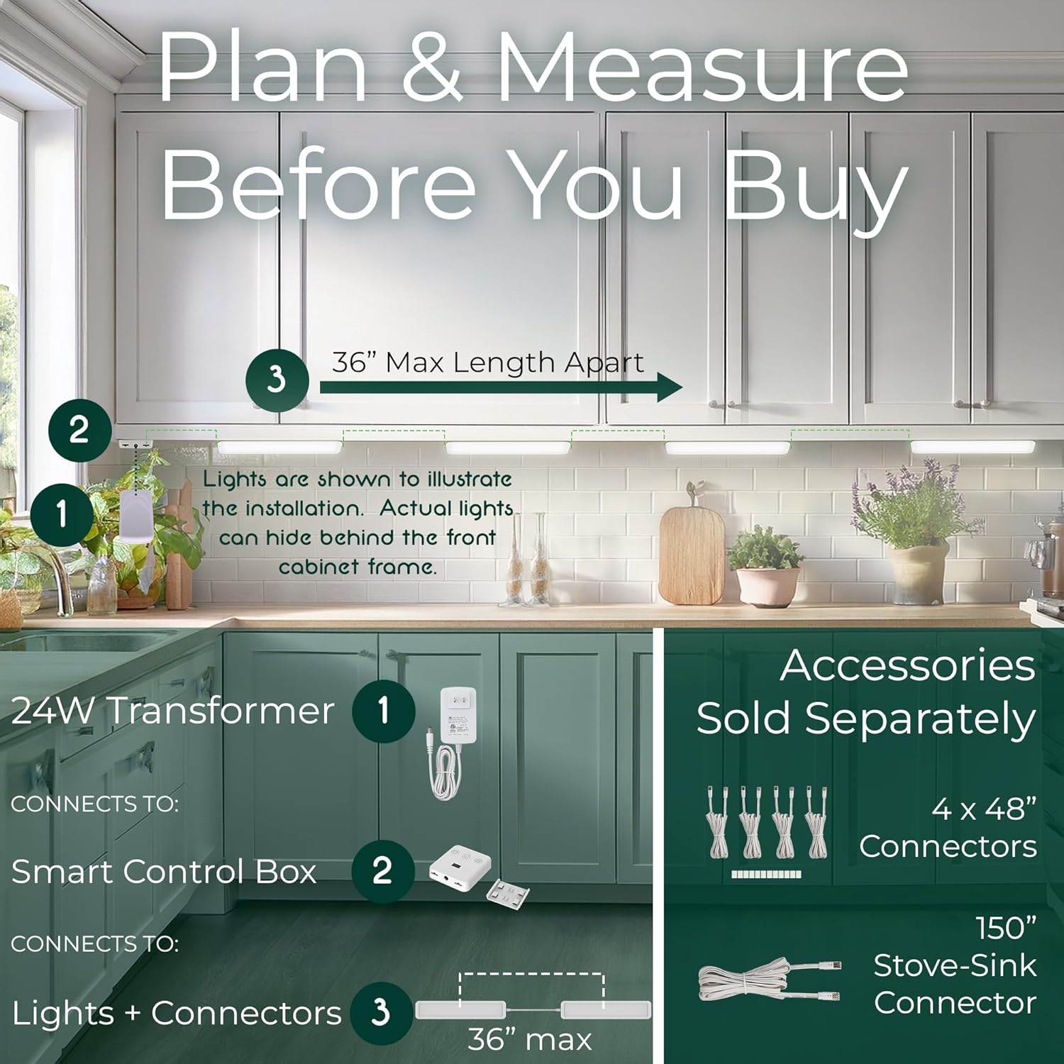4 x Flat Panel LED Light Kit - Plug-in - Smart Under Cabinet Lighting - Super-High-Output - 478 lm Per Panel - 2700K-6500K - 95 CRI - Works with Alexa, Google, Apple - Matter Certified