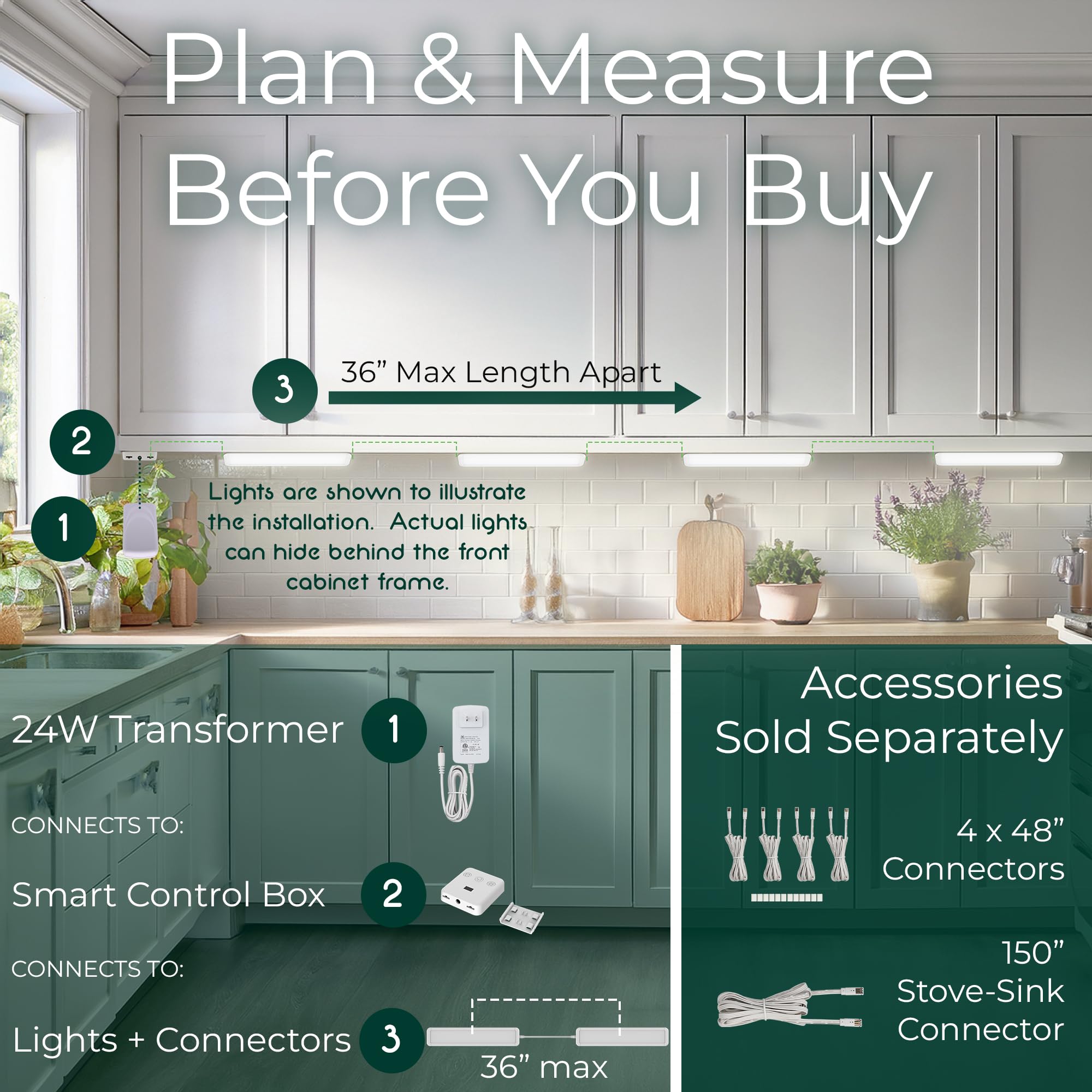 VerLuce - 4 x Flat Panel LED Light Kit - Plug-in - Smart Under Cabinet Lighting - Super-High-Output - 478 lm Per Panel - 2700K-6500K - 95 CRI - Works with Alexa, Google, Apple - Matter Certified