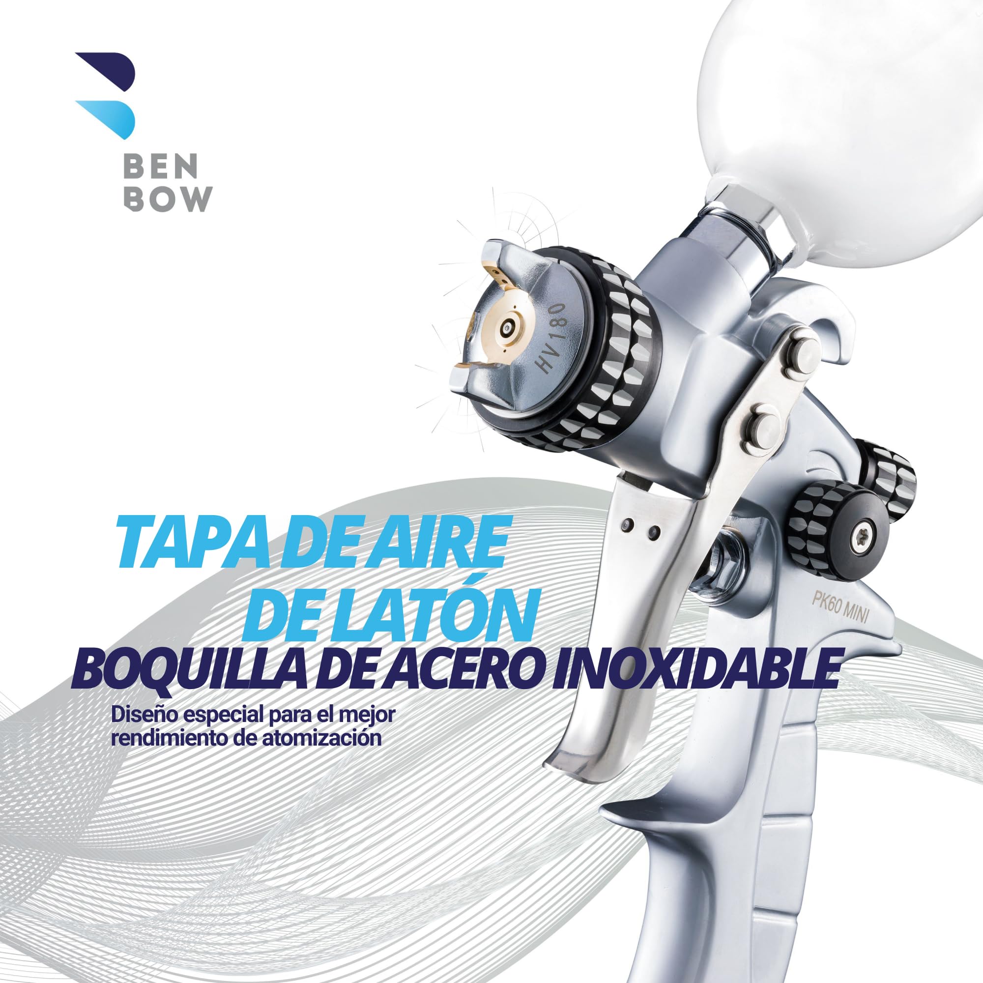 BenBow Pistola de Pintura PK60 HVLP Mini 0,5 mm Boquilla + 100 ml Taza de Pintura – Ideal para la Pintura de automóviles, proyectos de Bricolaje – Pistola de Pintura de Aire comprimido