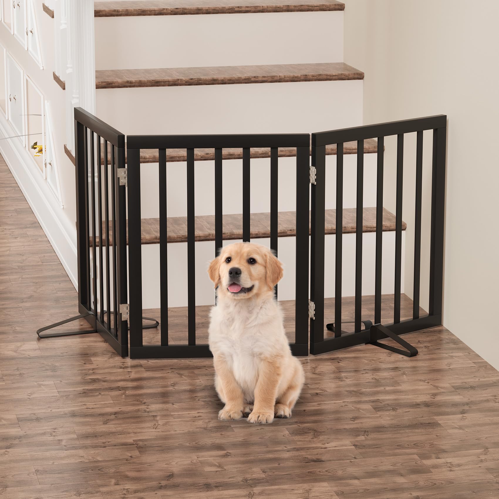 Dog Gates for Doorways, Foldable Dog Gate Indoor, Freestanding Pet Gates for Doorways Bedroom, Puppy Gate with Metal Support Feet, Room Divider 3 Panels (Black) — view 5