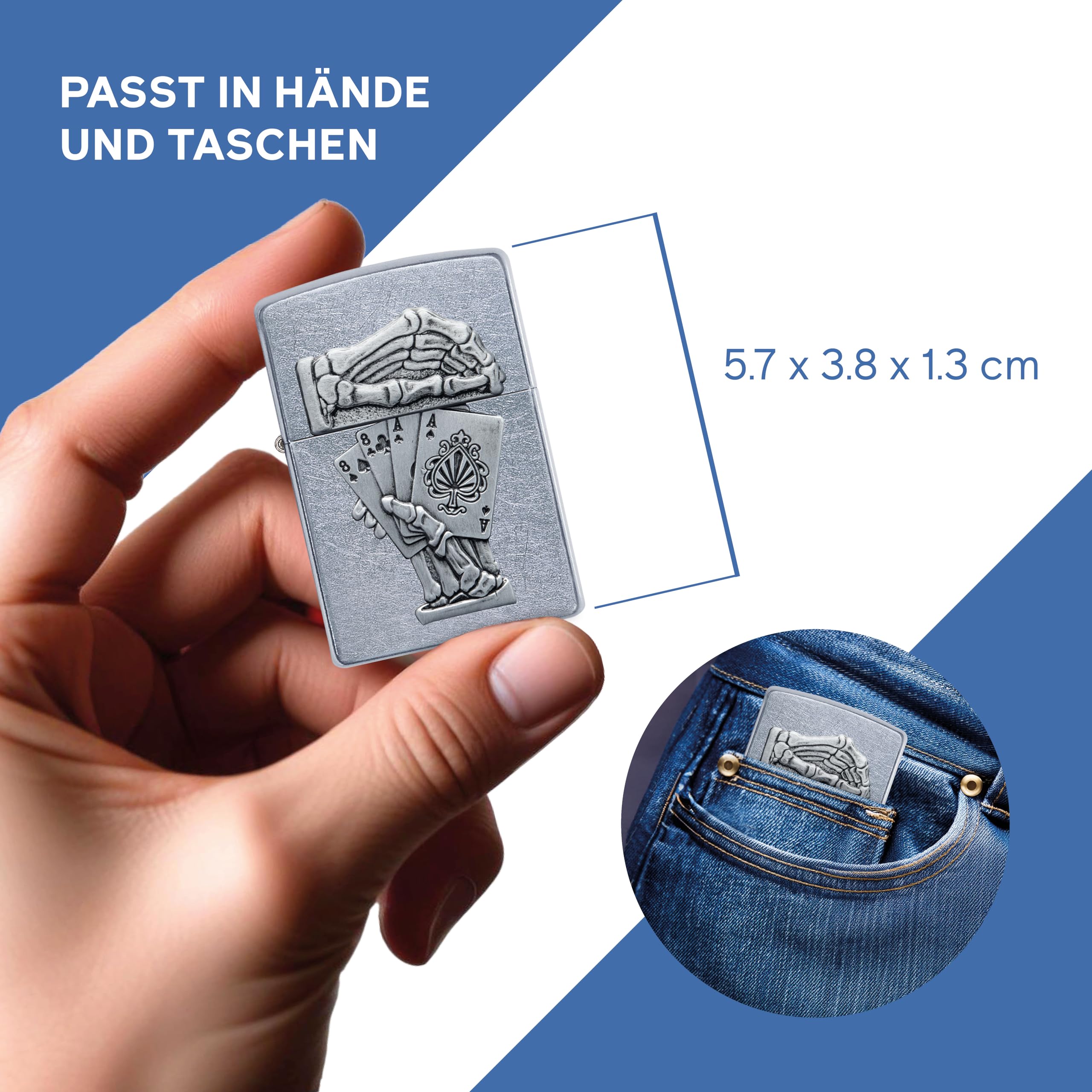 Zippo Sturmfeuerzeug - Dead Mans Hand - Street Chrome Finish mit Emblem - Nachfüllbar - Wiederverwendbar - Windfestes Design - Geschenkbox - Made in USA