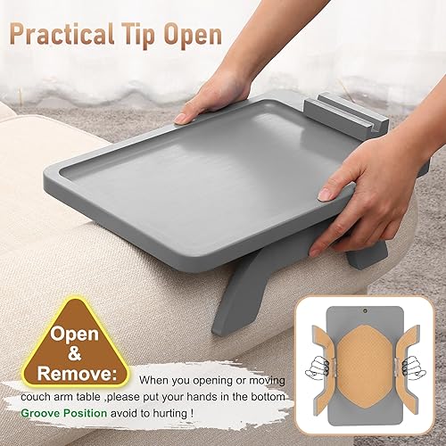 Miniatura 10 de SINWANT Bandeja de brazo de sofá con clip en la mesa auxiliar para mesa ancha del sofá bandeja plegable con soporte giratorio de 360 bandeja grande