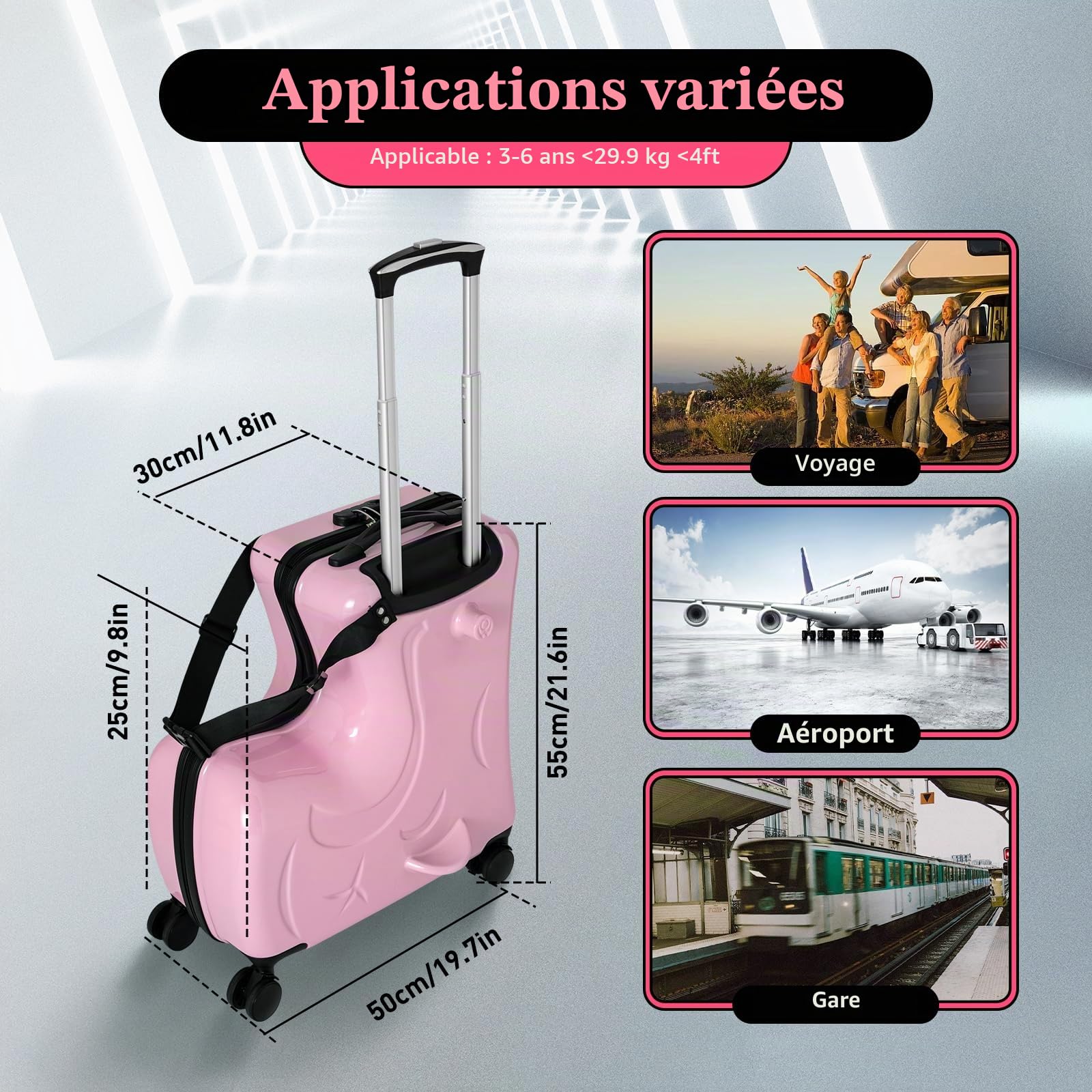 Kids Ride On Suitcase, valise pour enfant avec roulettes, valise pour enfant pour s'asseoir dessus – Particulièrement sûr grâce à la sangle et aux poignées – Chariot pour enfant avec