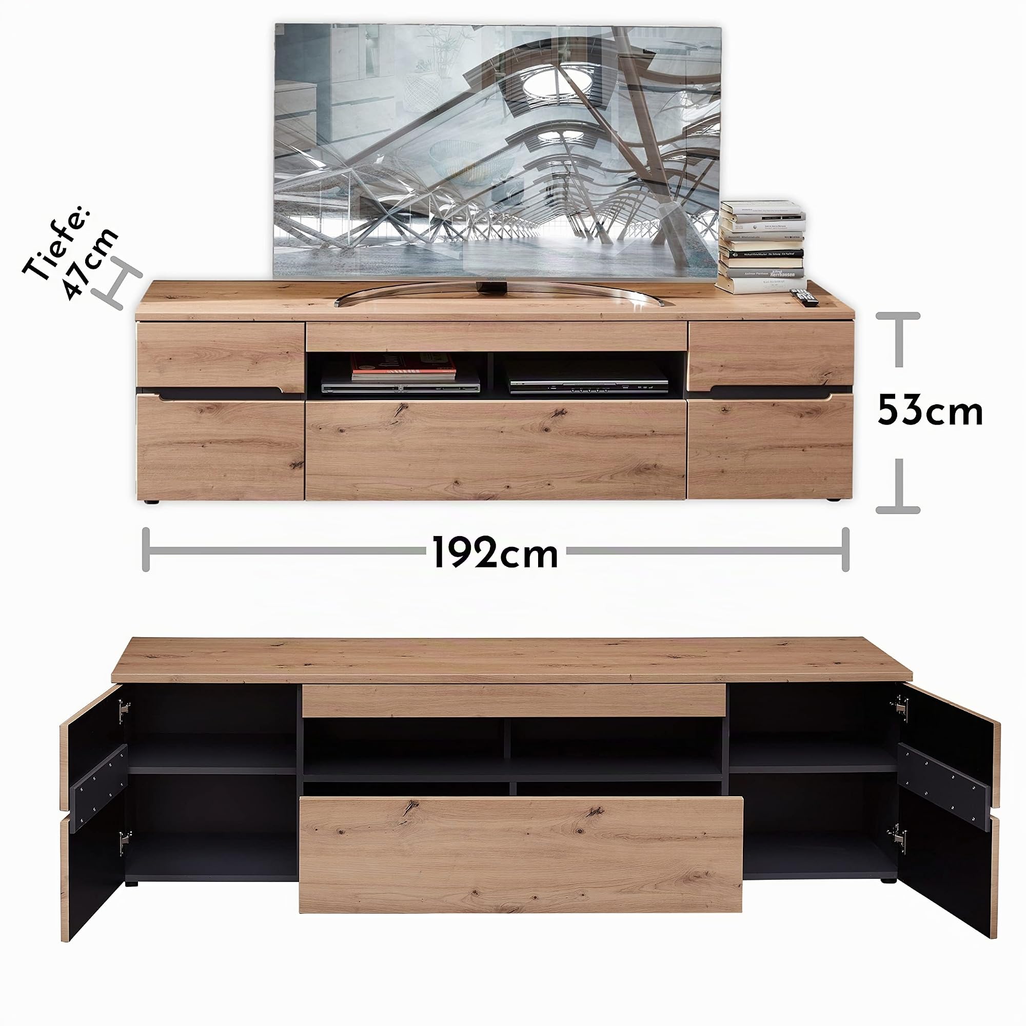 Stella Trading MEMPHIS TV-Lowboard in Artisan Eiche Optik, Graphit - Moderner TV Schrank mit Schublade und viel Stauraum für Ihr Wohnzimmer - 192 x 53 x 47 cm (B/H/T)