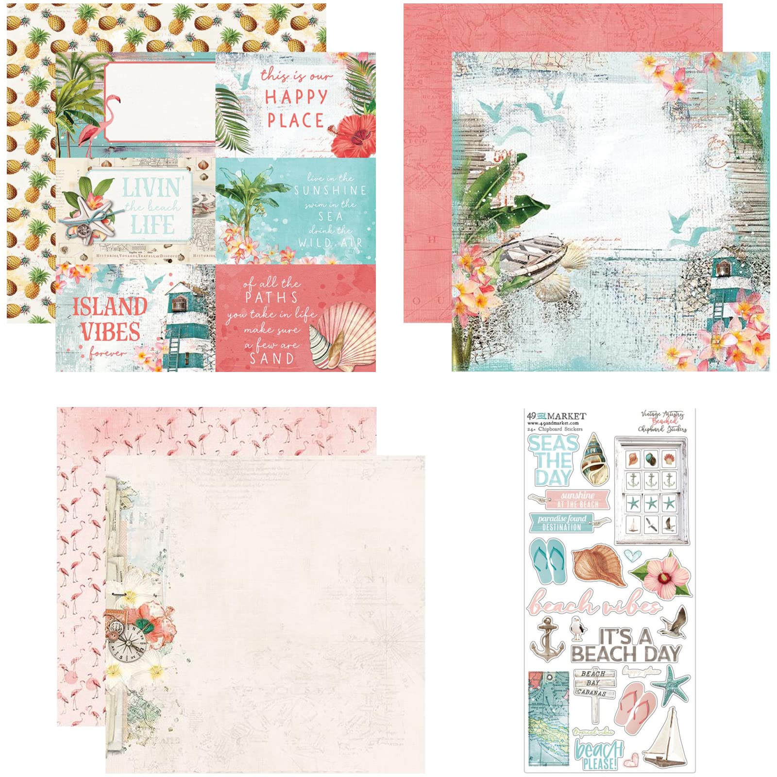 Beach Themed Scrapbook Paper Set - 12x12 Double Sided Paper & Stickers For Summer Crafts