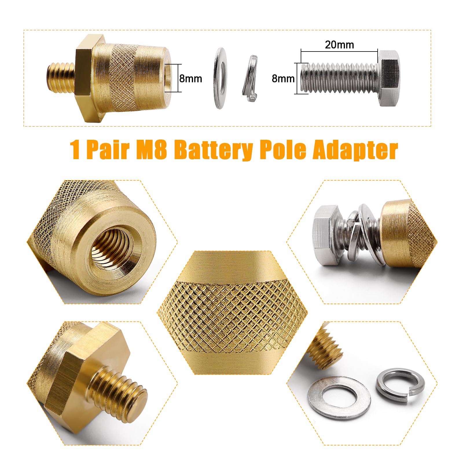 VooGenzek 1 Paio M8 Adattatore Poli Batteria, Adattatori Polo in Ottone Negativo Positivo con Viti in Acciaio Inox e Rondelle, per Batteria al Litio Auto