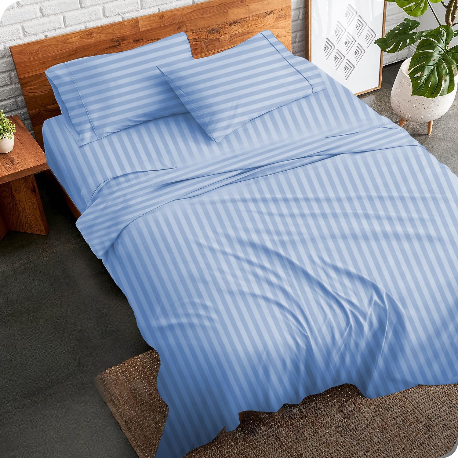 lecooLuxury 100% Egyptian Cotton Bed Sheets - 800 Thread Count 4Pc Twin XL Size Sheets Set, Smooth Sateen Ultra Soft Luxury Bedding Sheets, 15" Deep Pocket - Light Blue Stripe