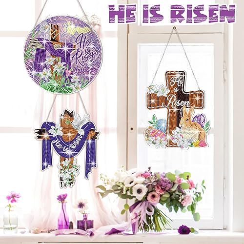 Miniatura 2 de Menkxi Juego de 3 carteles colgantes de pintura de diamante de Pascua con texto en inglés He is Risen en 5D He is resucitado (He is resucitado)