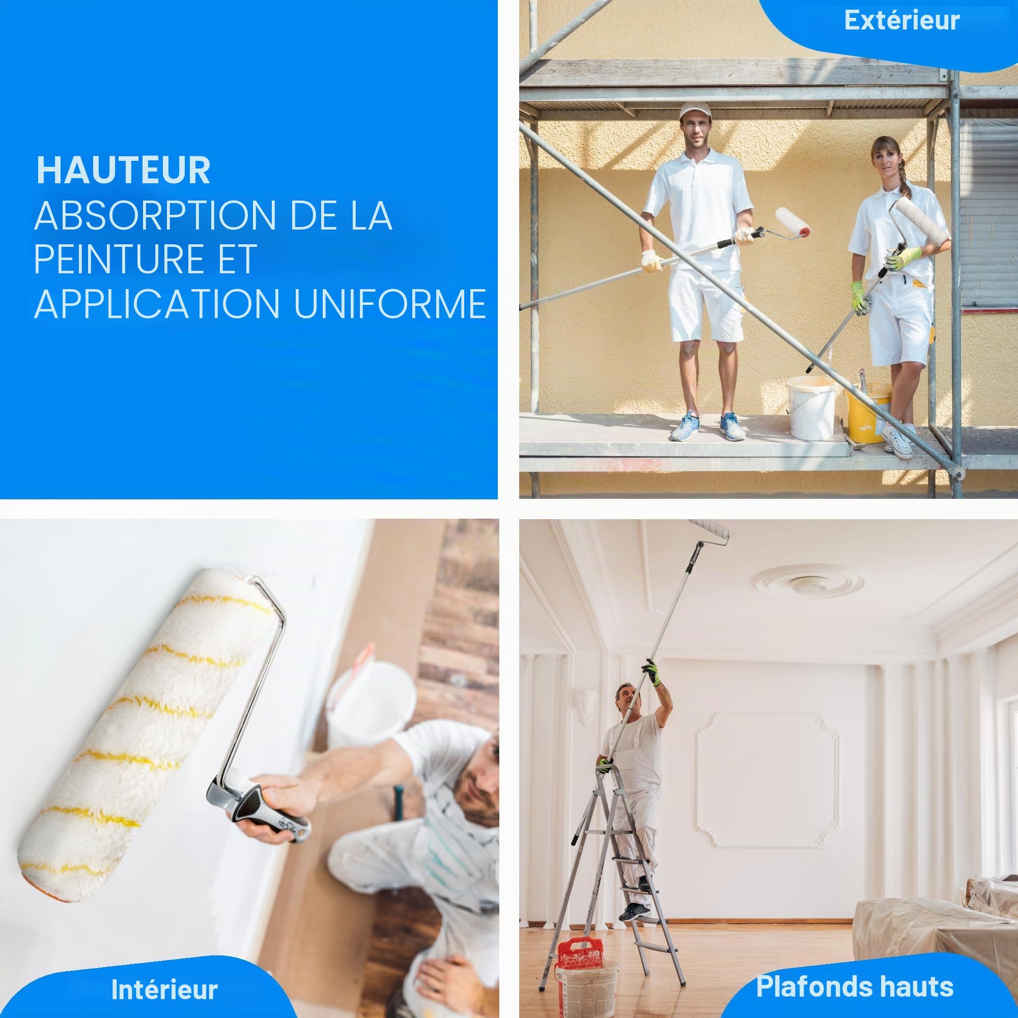 Rouleau de peinture professionnel avec bâton télescopique de 100 à 200 cm + poignée Best Grip incluse + E-Book