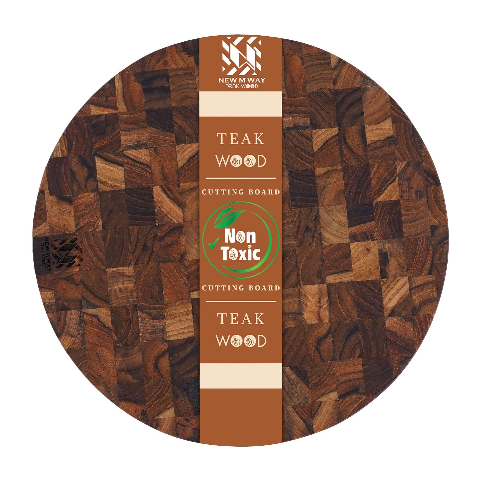Teak Wood Round End Grain Cutting Board 11.8 Inch, Non Toxic Solid Wood Cutting Board for Kitchen Prep, Pizza & Serving Board with Handle by New M Way