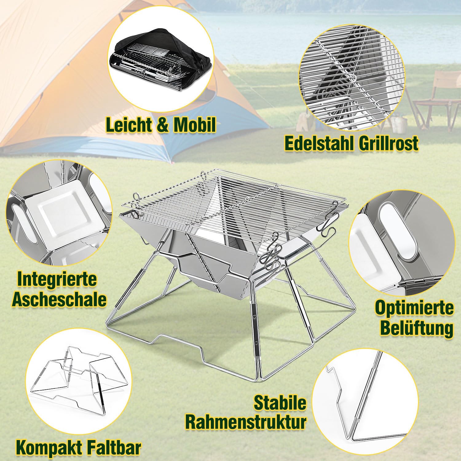 Faltbarer Grill aus 304 Edelstahl, Klappgrill mit Höhenverstellbarem Grillrost, Camping Grill kompakt & schnell aufgebaut, BBQ Grill für Garten, Balkon, Picknick und Outdoor mit Tragetasche
