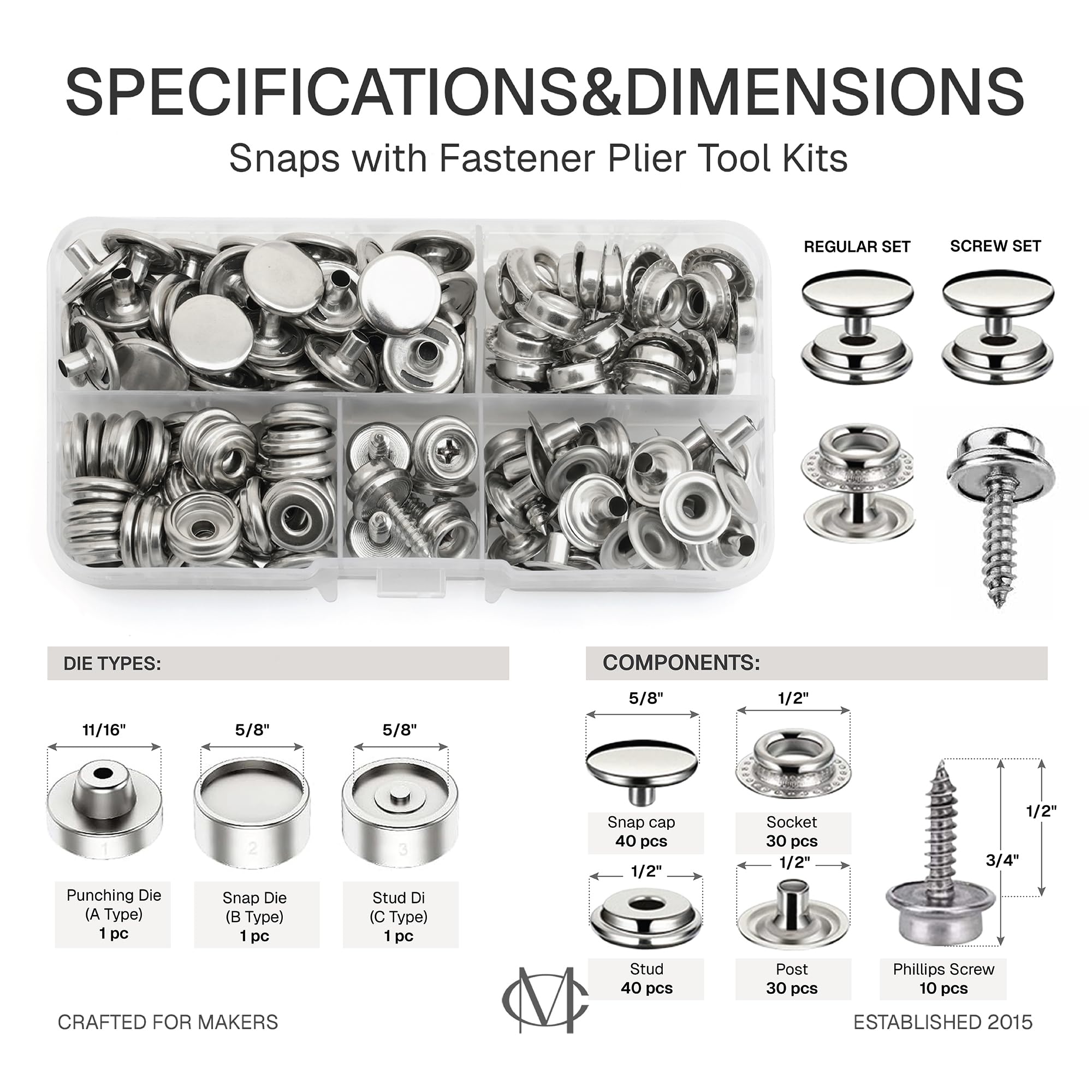 CRAFTMEMORE Kit de cierre a presión resistente, herramienta ajustable con 40 juegos de broches de metal, herramienta de instalación para cubiertas de barco, lienzo, lonas