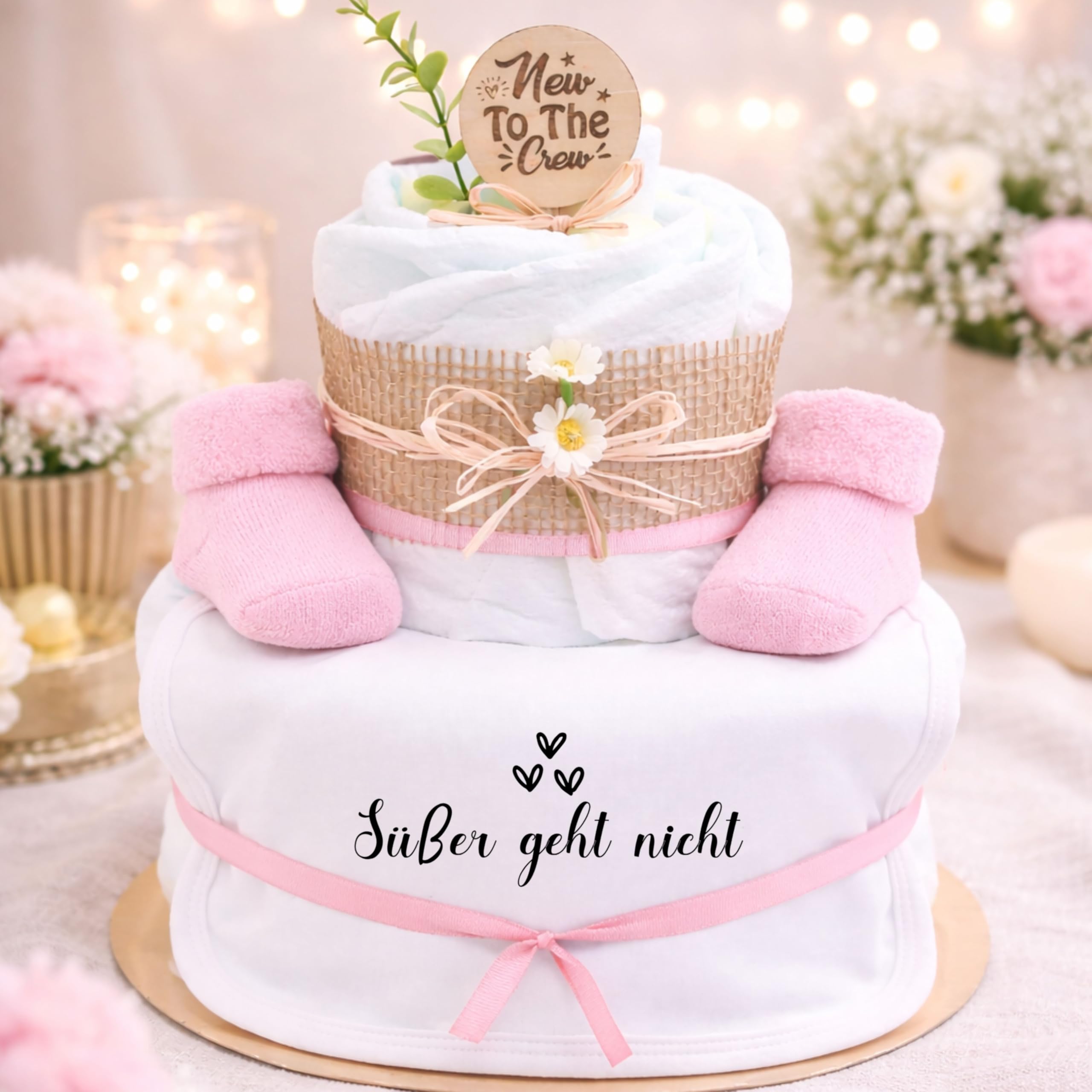 Trend Mama® | Windeltorte Mädchen Rosa – 27 Windeln Größe 2 – Babygeschenk zur Geburt – Babyshower Geschenk – Mit Babylätzchen & Babysocken – Geschenkset Erstausstattung (Design | Süsser geht nicht)