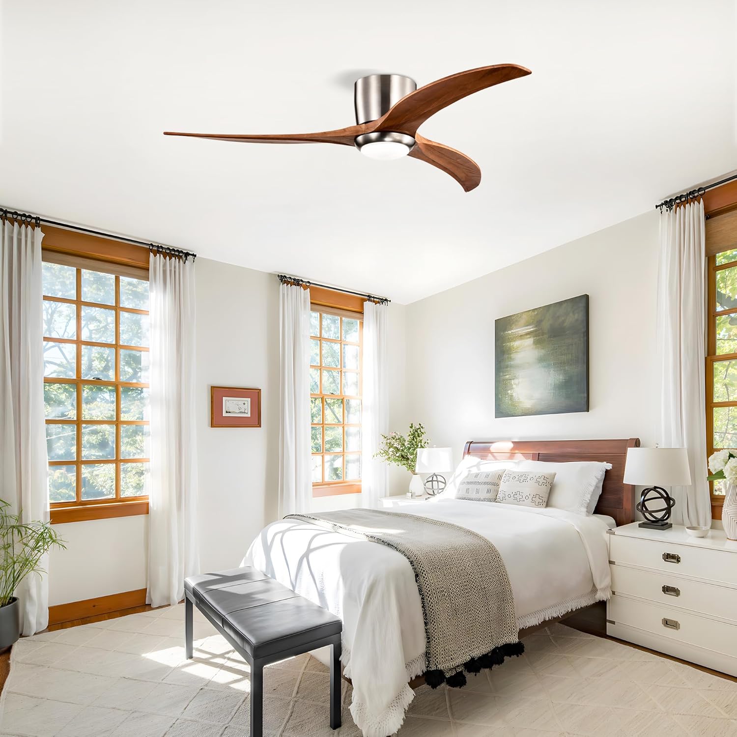 Ceiling Fan with Light with Remote Control, 52" Flush Mount Ceiling Fan Solid Wood Blades Noiseless Reversible Motor, 6 Speed, for Patio Living Room, Bedroom,Indoor-(Stain Nickel)