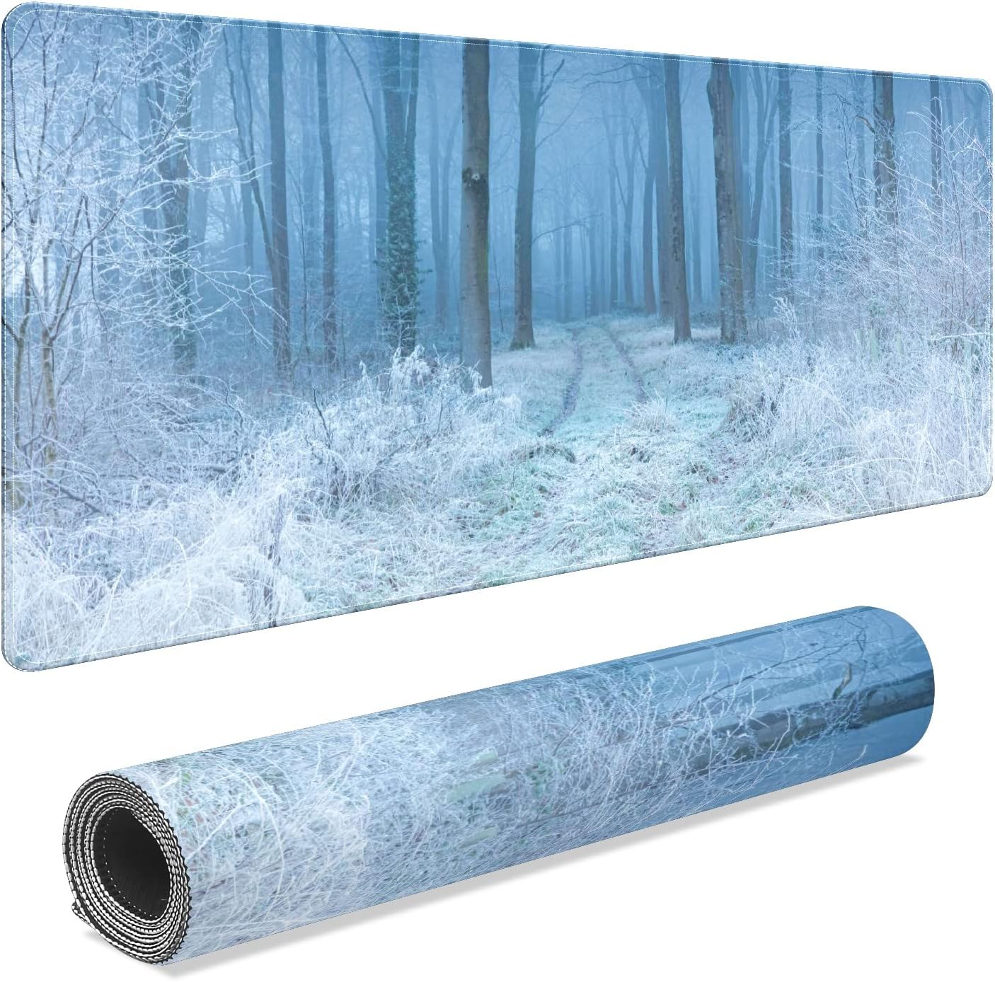 FCZ Large Gaming Mouse Pad 35.4''x15.7'' Winter Snow Forest Trees Extended Non-Slip Soft Rubber Mousepad for Desktop Office Stitched Edges Waterproof Keyboard Mat for Desk Computer Laptop