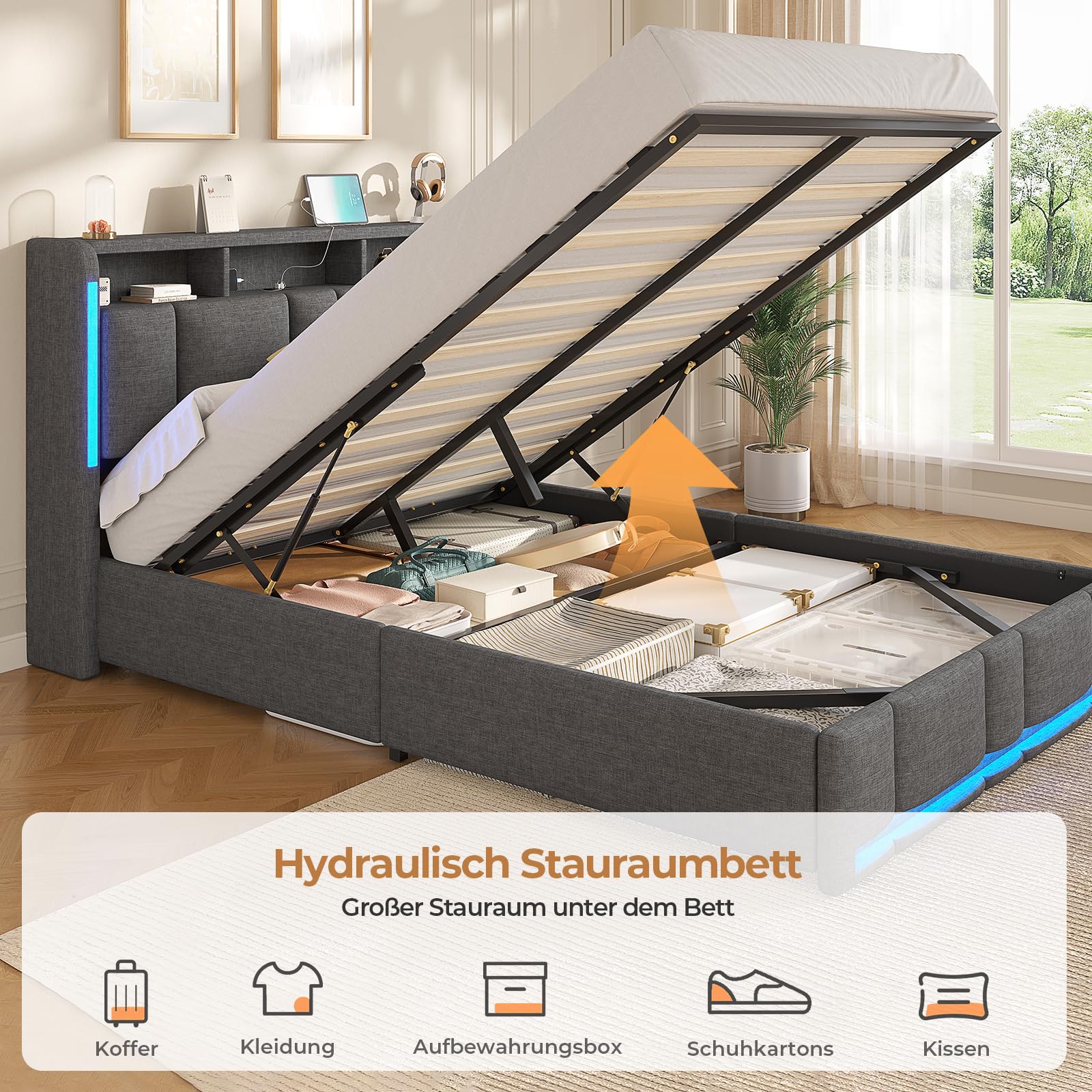 AOGLLATI Polsterbett 140×200 mit Steckdosen & LED Beleuchtung, Doppelbett 140x200 mit Stauraum Kopfteil & Hydraulischem Stauraum, Bettgestell mit Lattenrost,Jugendbett, Linen, Ohne Matratze,Dunkelgrau