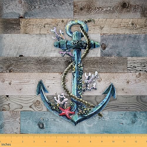 Miniatura 1 de The Yard - Tela temática náutica de ancla abstracta de acuarela de estrella de mar para suministros de costura, rayas azules y grises, tela rústica