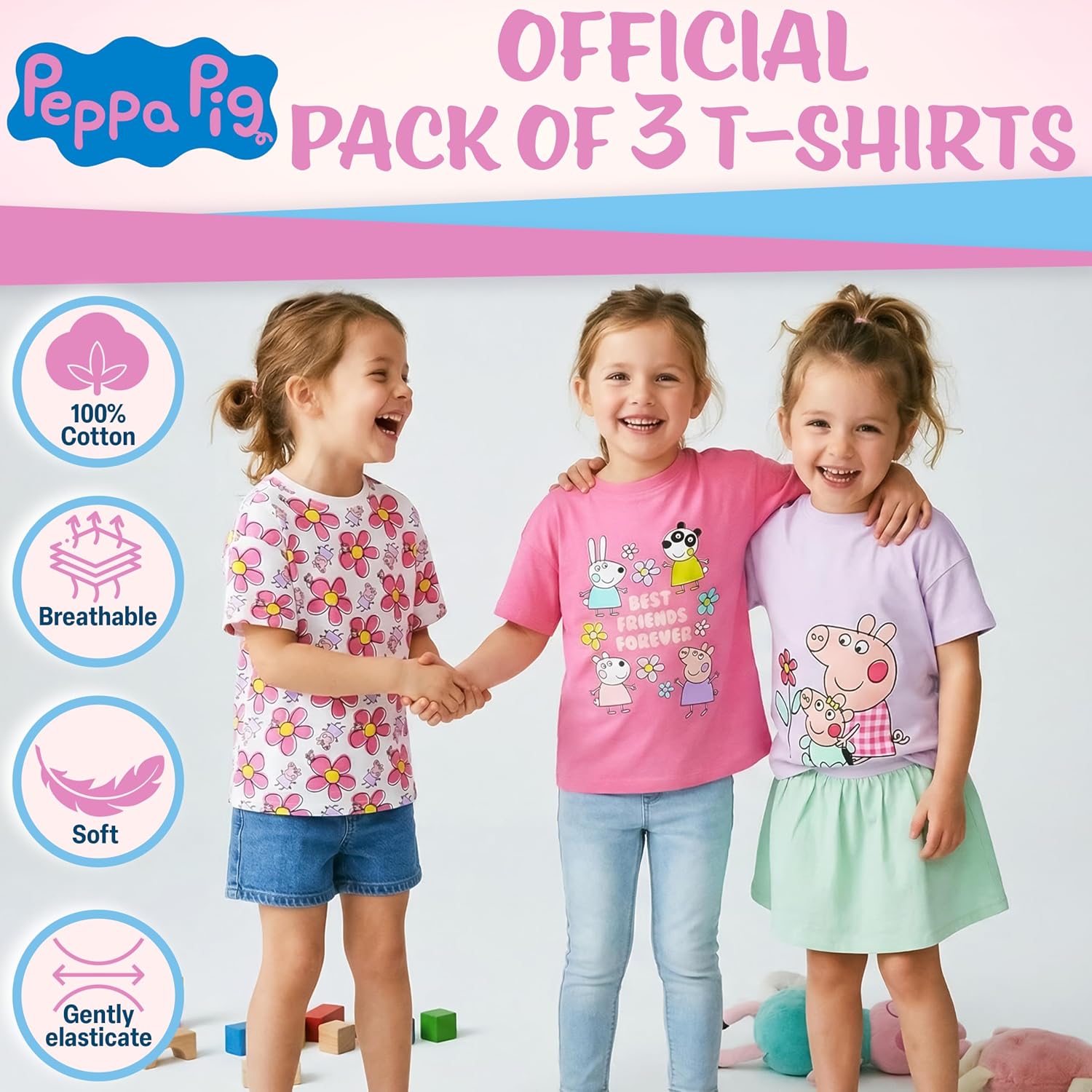 Get Trend Peppa Pig Girls T Shirt Pack of 3, Cotton Short Sleeve Shirts, Toddlers Crewneck Tops, Soft Breathable Graphic Tees