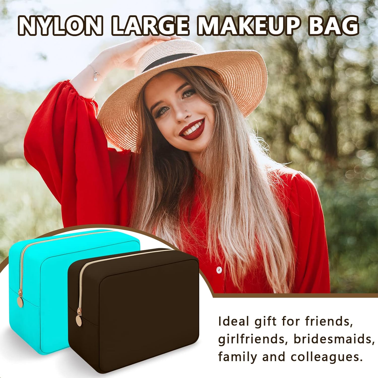Iqimott Nylon Large Makeup Bag Travel Pouch, Preppy Big Cosmetic Bag Makeup Organizer Nylon Large Capacity Toiletry Bag, Waterproof Large Zipper Pouch Storage Bag for Women Girls Teens(Brown) - Image 5
