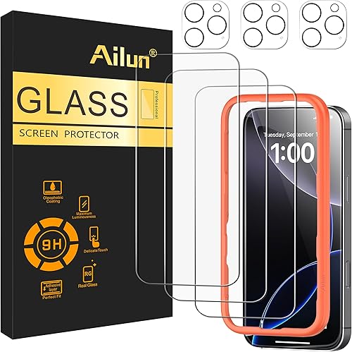 Vista 19 de Ailun Paquete de 3 protectores de pantalla para iPhone 16 [6.1 pulgadas] + 3 protectores de lente de cámara con marco de instalación, película