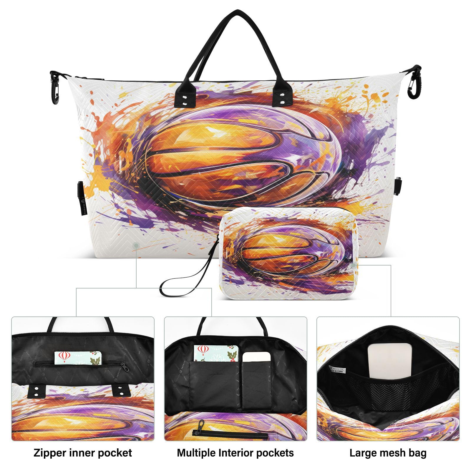 Basketball Purple Art Sports Swim Gym Bag Weekender Duffel Travel Bags Handbag with Makeup Storage Bag for Girls Men