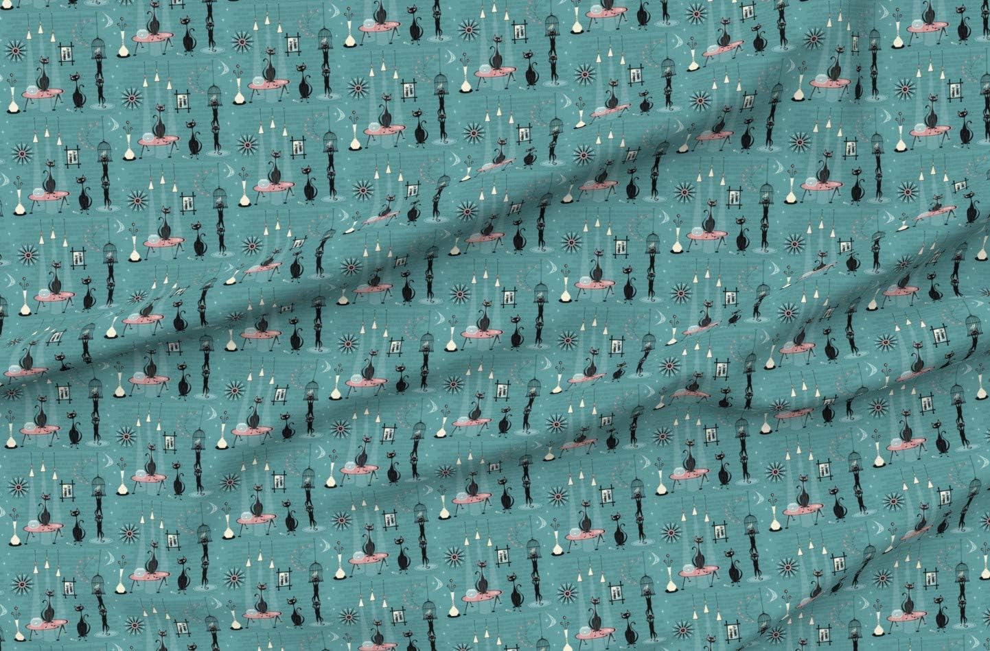 Spoonflower Fabric - Mid Century Kitty Retro Birds Fish Cat Kitten 1950S Cats Printed on Cotton Poplin Fabric by The Yard - Sewing Shirting Quilting Dresses Apparel Crafts