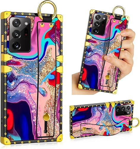 LSL Funda para Samsung Galaxy Note 20 Ultra 5G, correa de muñeca de mármol con purpurina, soporte cuadrado de cuerpo completo, parachoques de TPU a