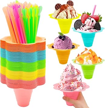 200PCS 8oz Colorful Snow Cone Cups with Spoon Straws,Large Reusable Snack Ice Cream Bowls,Plastic Flower Shaped Shaved Ice Drip Cups for Cookout Food Service Holiday Party Party Summer