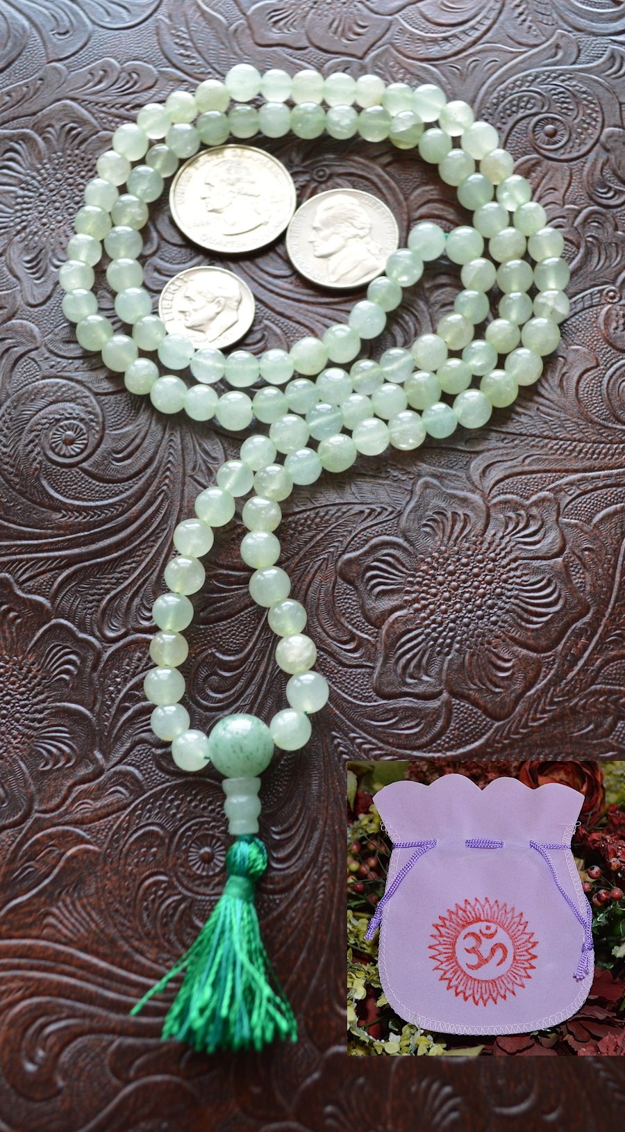 GREEN AVENTURINE JAPA MALA 8 MM 108 BEADS-BLESSED & ENERGIZED HINDU TIBETAN BUDDHIST PRAYER KARMA BEADS SUBHA ROSARY MALA FOR NIRVANA, BHAKTI, FOR REMOVING INNER DOSHAS, FOR CHANTING AUM OM, FOR AWAKENING CHAKRAS, KUNDALINI THROUGH YOGA MEDITATION-FREE OM MALA POUCH INCLUDED