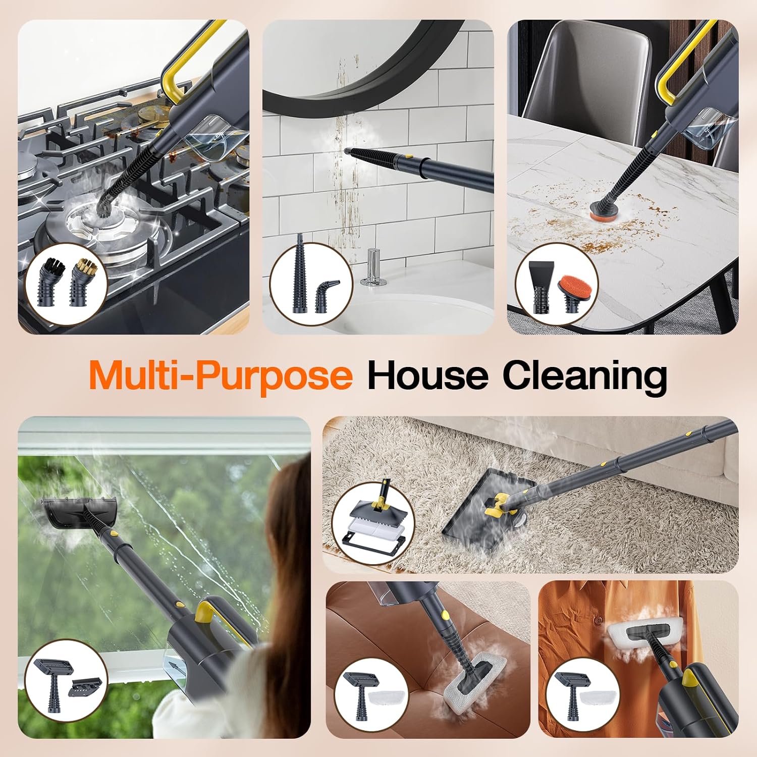 ScrubWiz 10-in-1 Steam Cleaner, Steam Mop & Handheld Steam Cleaner with 350ml Water Tank, 10s Fast Heating, 2 Steam Modes, Portable Steamer for Kitchen, Floor, Tile, Window, BBQ Grill, Car, Soft Gray