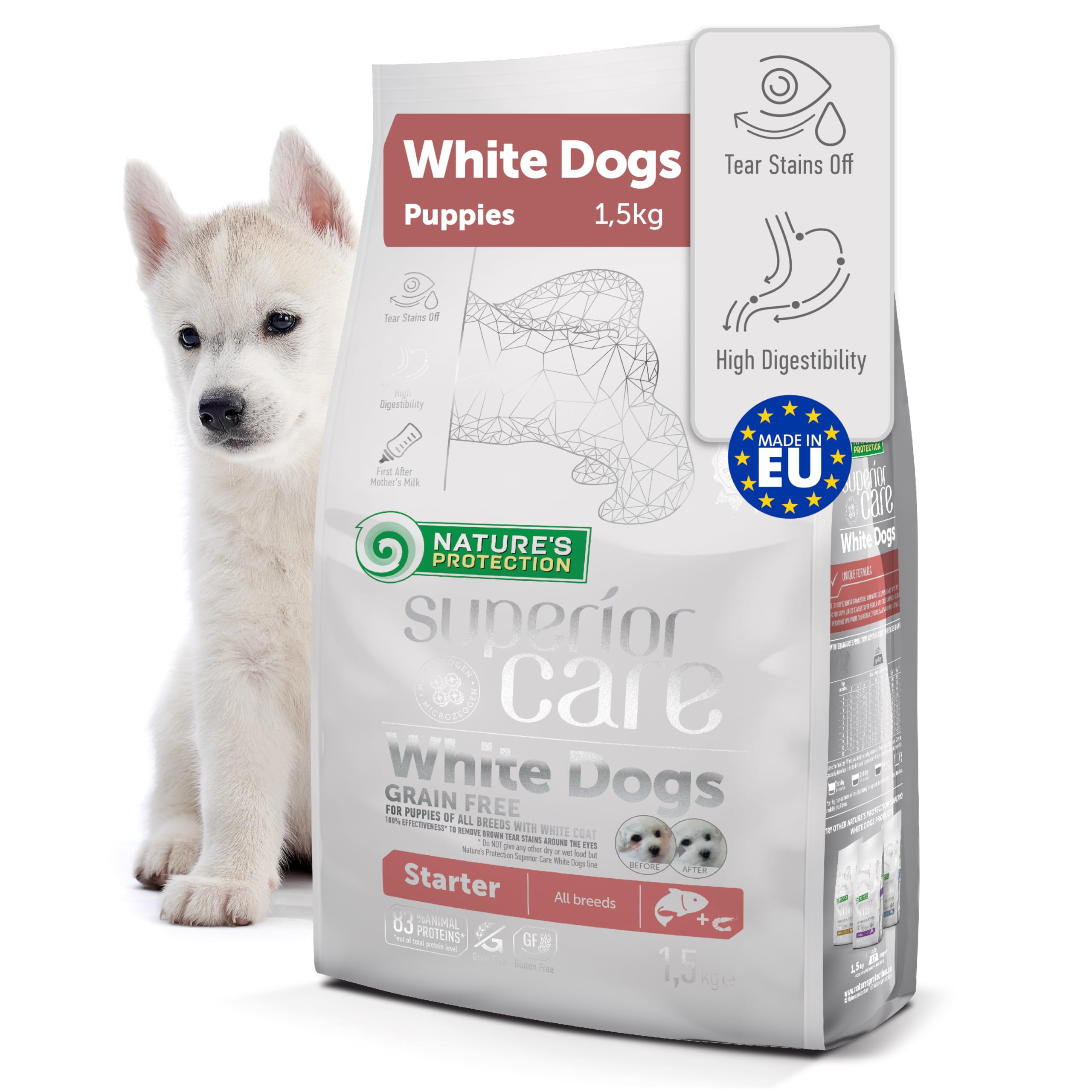 Nature’s Protection Superior Care Grain-Free Puppy Dry Dog Food – Hypoallergenic Dog Food with Salmon for White Coat Puppies - Omega 3 & 6 - Reduces Tear Stains, Healthy Skin & Coat (1.5kg)