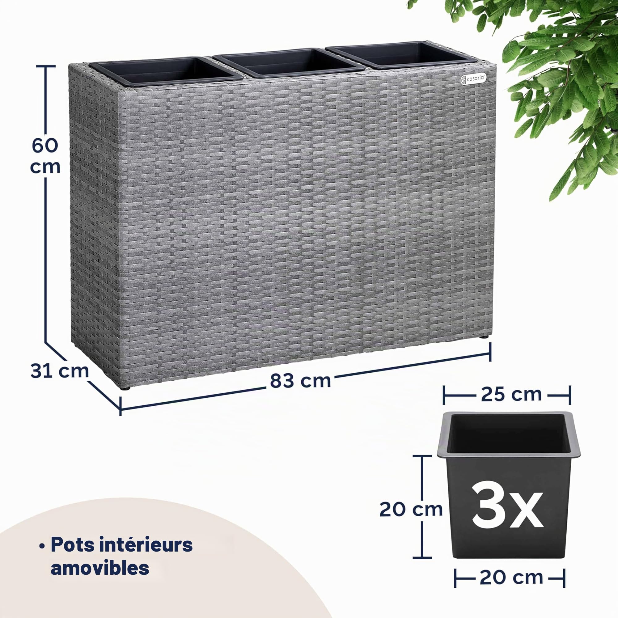 CASARIA Bac à Fleurs Polyrotin Gris | Jardinière Verticale, Dimensions: 83x30,5x60 cm, Intérieur et Extérieur, 3x Pots Amovibles, Aspect Rotin, avec Drainage