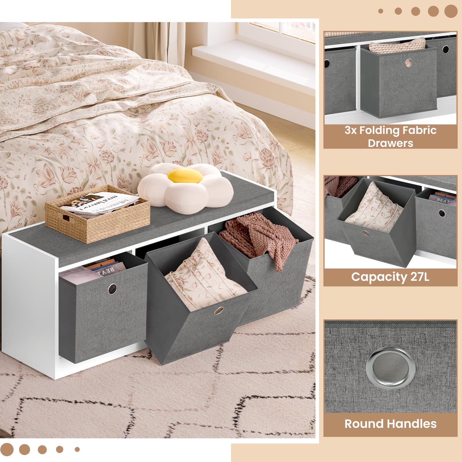 WOLTU Banco de Almacenaje, Baúl de Almacenaje con 3 Cajones de Tela, Banco Zapatero con Asiento Acolchado, Puff para Salon y Recibidor, Blanco+Gris