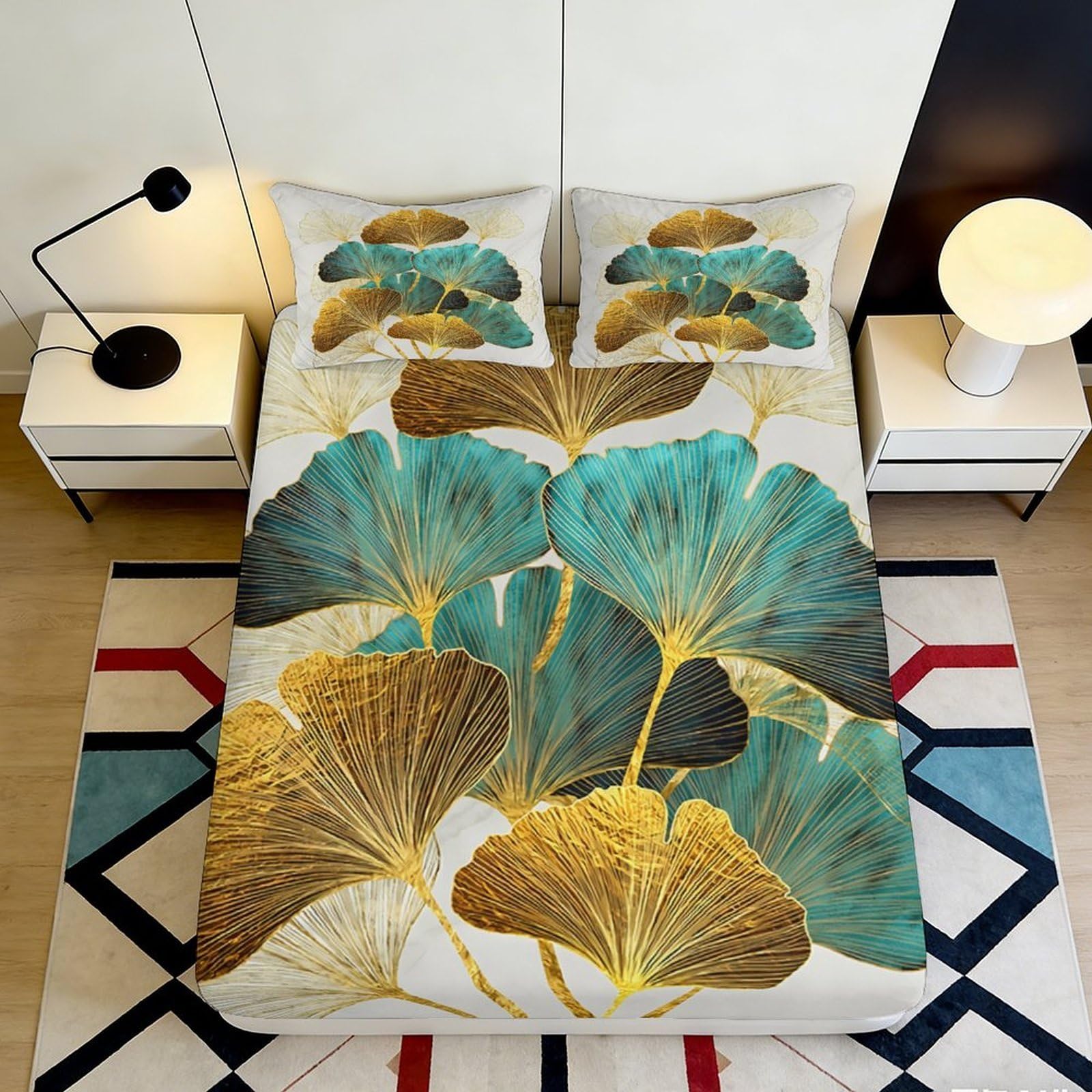 3D Printed Ginkgo Leaf Fitted Sheet Microfiber Artistic Gold Teal Botanical Bed Cover for Bedroom Guest Mattress Protection Decor 160x200x25cm