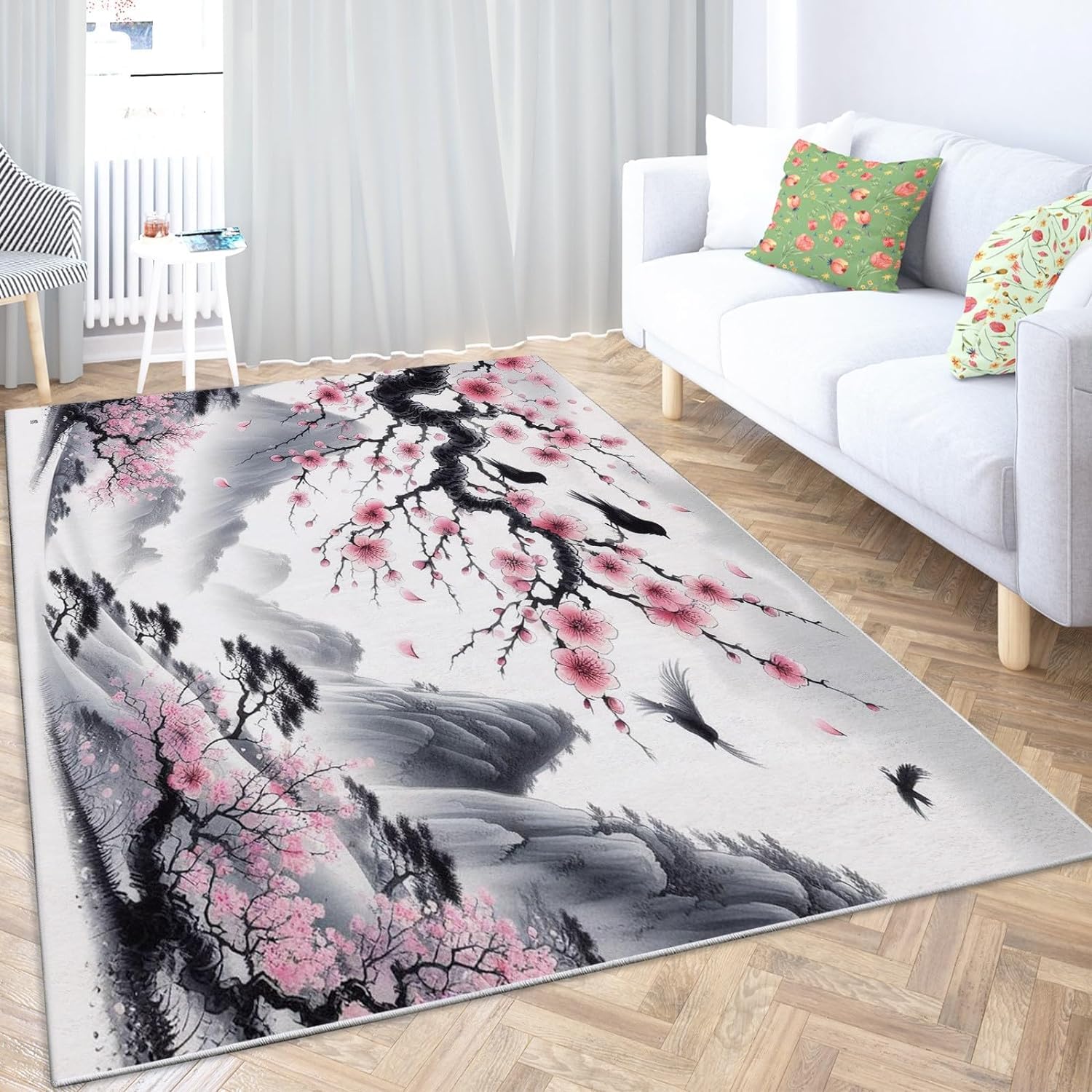 Tapis de salon japonais, 3D fleurs de cerisier - 140 x 200 cm - Lavable et antidérapant - Pour chambre d'enfant - Décoration de chambre à coucher - Tapis antidérapant - L990