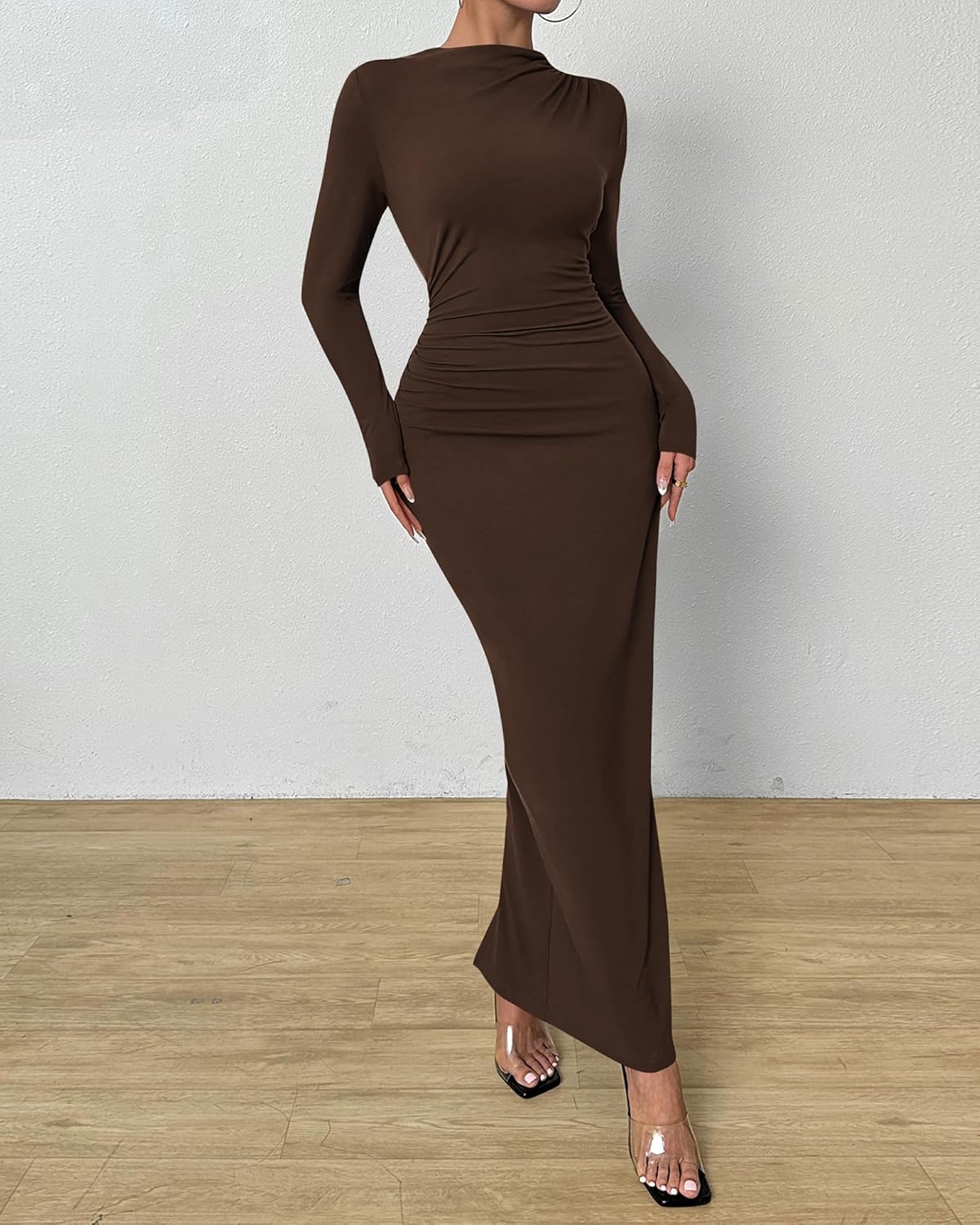 BTFBM Women Bodycon Maxi Dress Long Sleeve Back Slit Ruched Elegant Party Cocktail Formal Fall Wedding Guest Dresses - Image 2