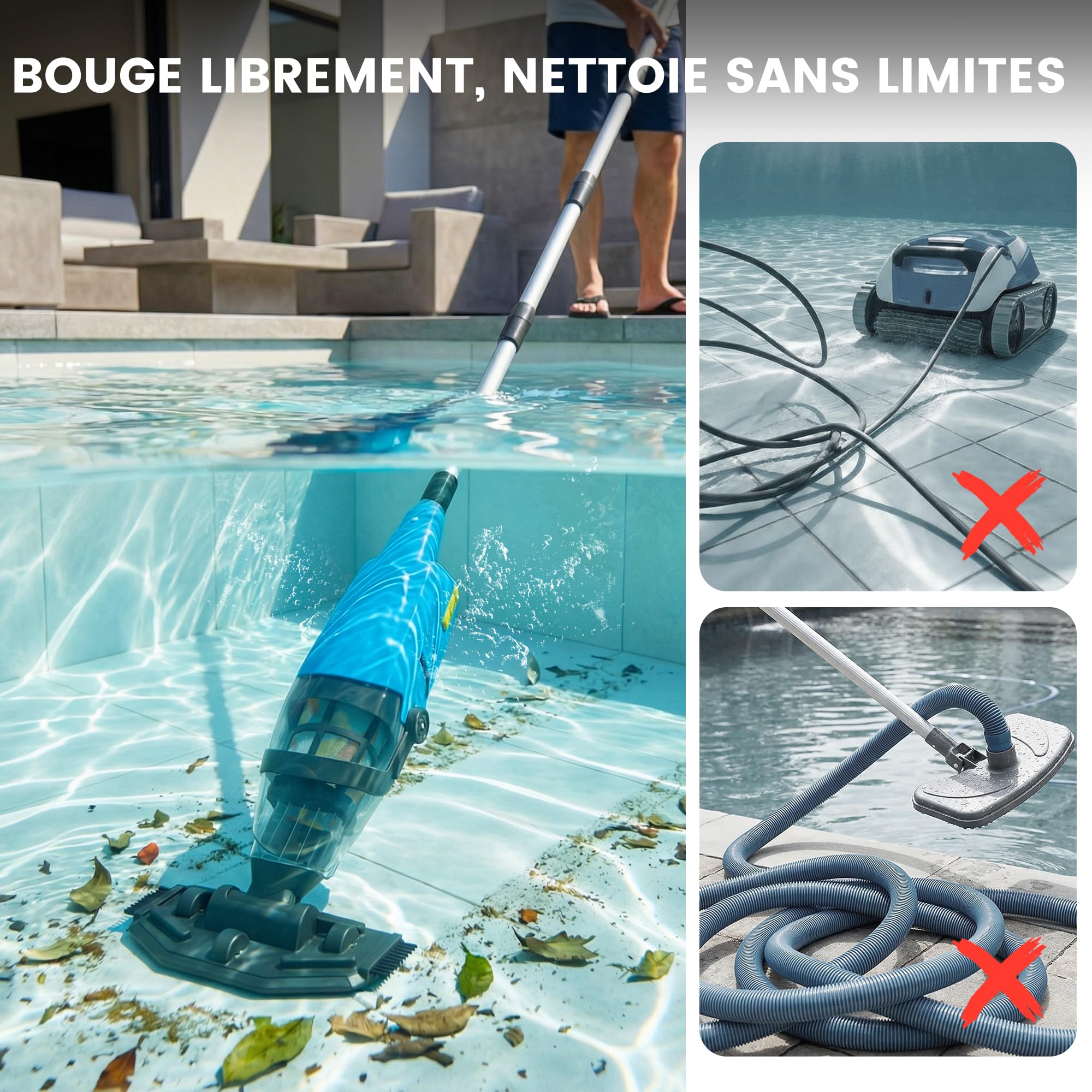 Aspirateur de Piscine sans Fil, aspirateur de Fond de Piscine avec autonomie Jusqu’à 90 Minutes,Nettoyeur de Piscine, Puissance d’Aspiration Jusqu’à 4088 L/h, idéal pour spas et Hot tubs